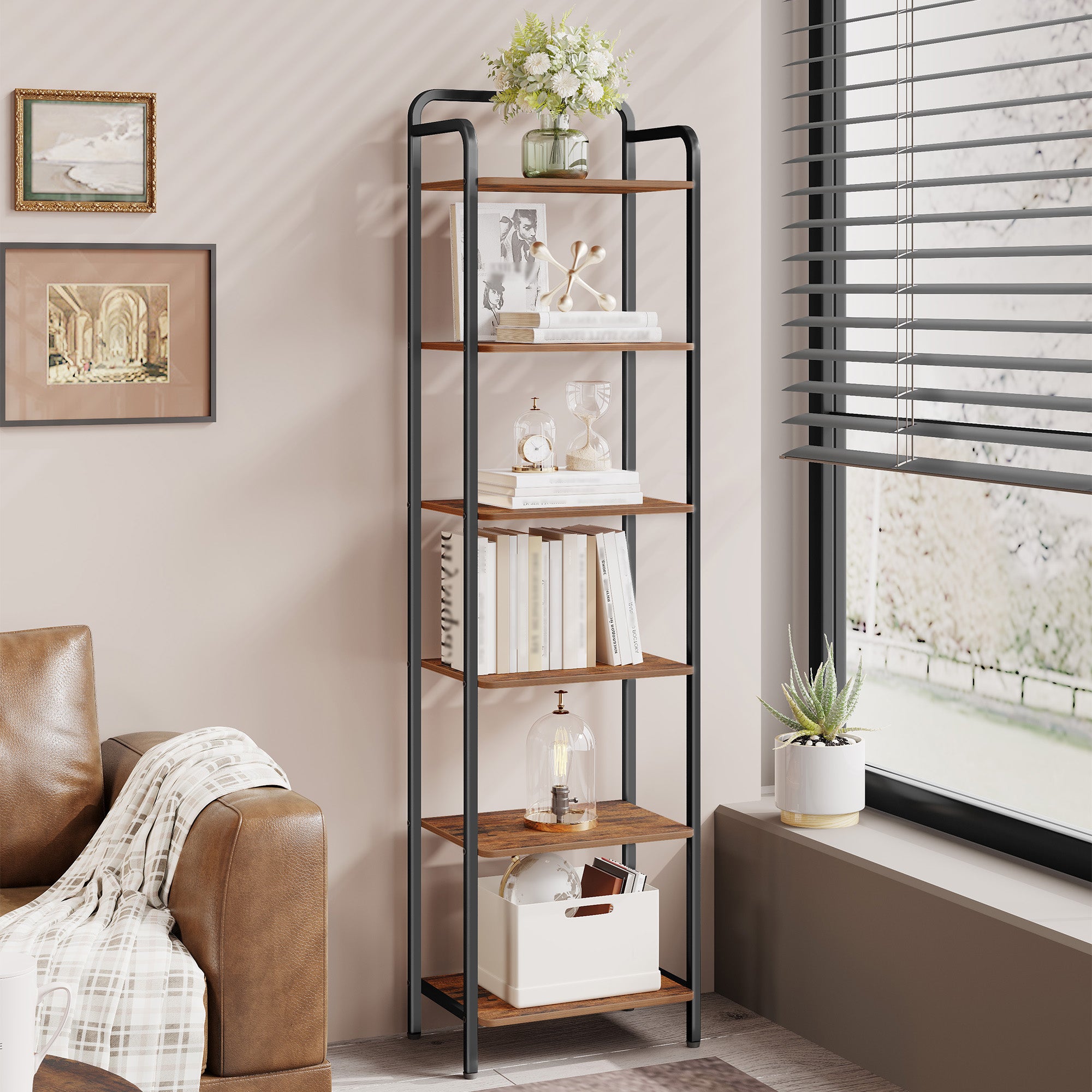 Hzuaneri Bookcase, Shelf, Standing Shelf, Slim Bookcase, Industrial Corner Shelf, Slim Shelf for Home Office, Living Room, Bedroom, Kitchen, 6 Tiers, Vintage Brown/Black BC44601B