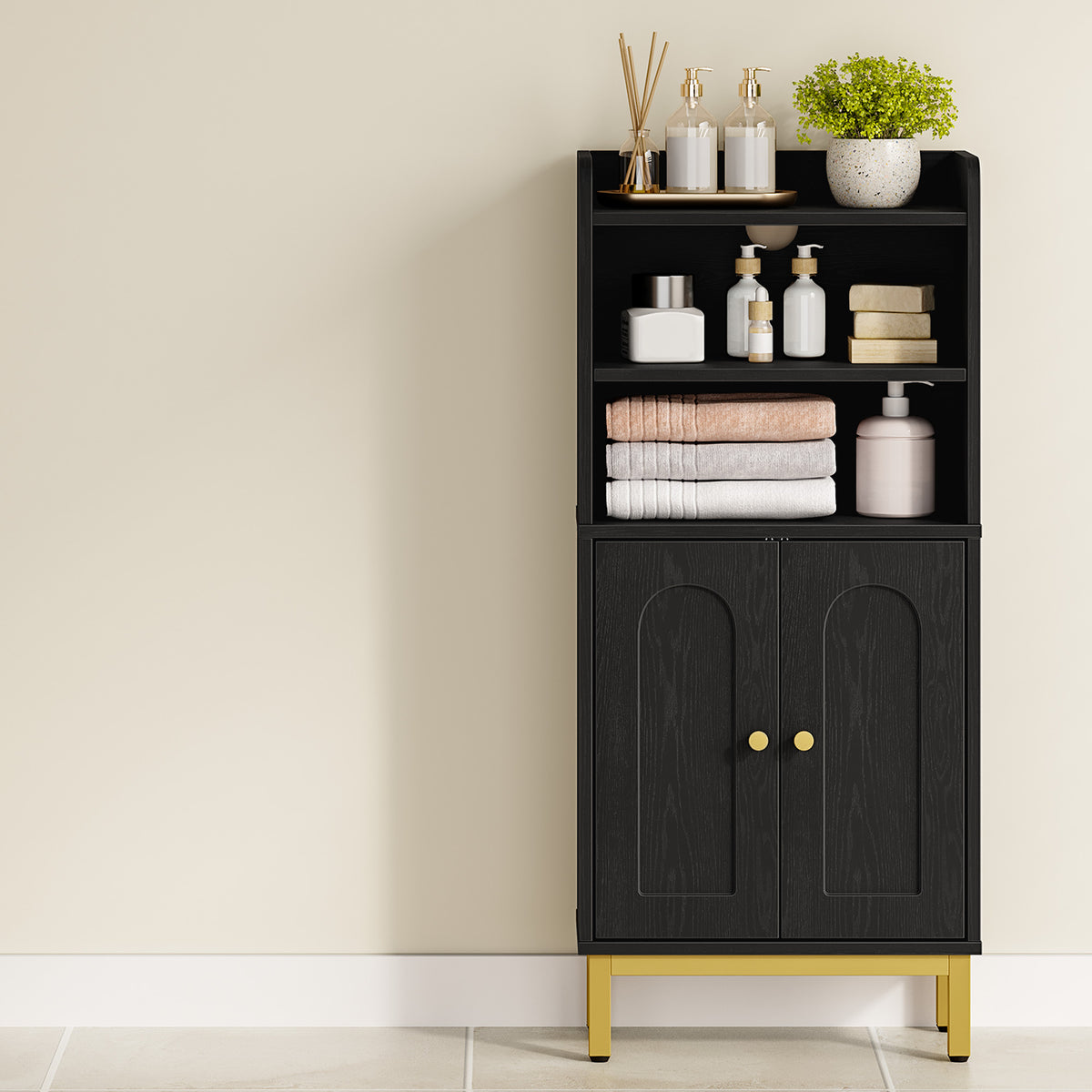 Hzuaneri Bathroom Storage Cabinet, Slim Bathroom Floor Cabinet with 2 Door and Adjustable Shelf, Wooden Freestanding Storage Unit for Dining Kitchen Living Room, Black, BC48204G