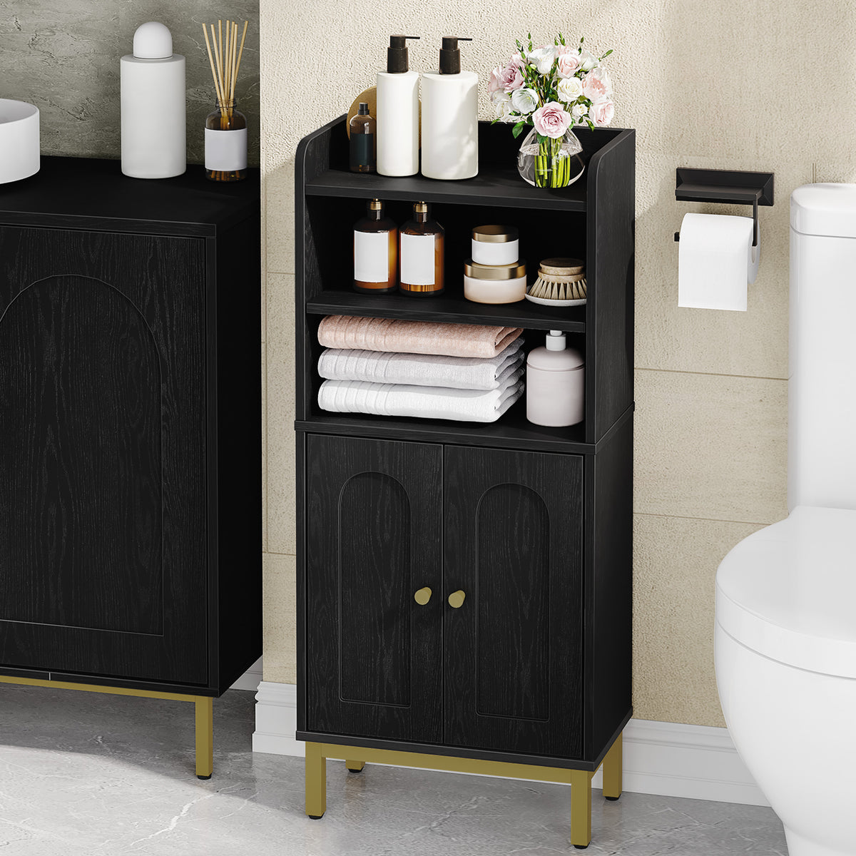 Hzuaneri Bathroom Storage Cabinet, Slim Bathroom Floor Cabinet with 2 Door and Adjustable Shelf, Wooden Freestanding Storage Unit for Dining Kitchen Living Room, Black, BC48204G