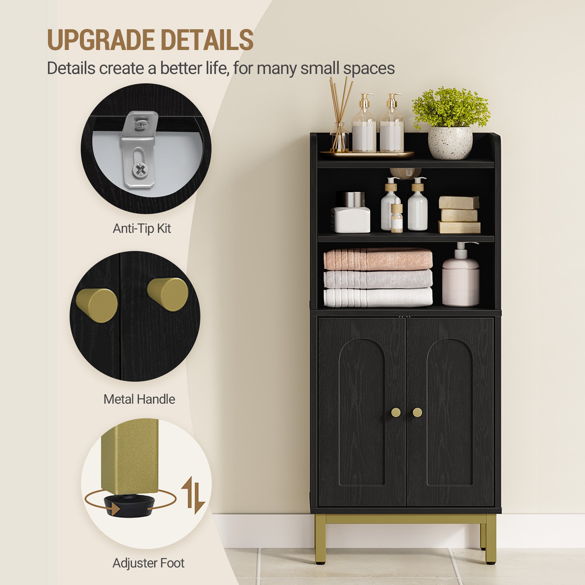 Hzuaneri Bathroom Storage Cabinet, Slim Bathroom Floor Cabinet with 2 Door and Adjustable Shelf, Wooden Freestanding Storage Unit for Dining Kitchen Living Room, Black, BC48204G