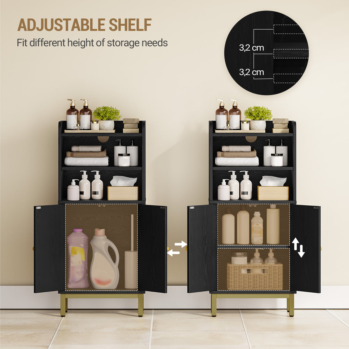 Hzuaneri Bathroom Storage Cabinet, Slim Bathroom Floor Cabinet with 2 Door and Adjustable Shelf, Wooden Freestanding Storage Unit for Dining Kitchen Living Room, Black, BC48204G