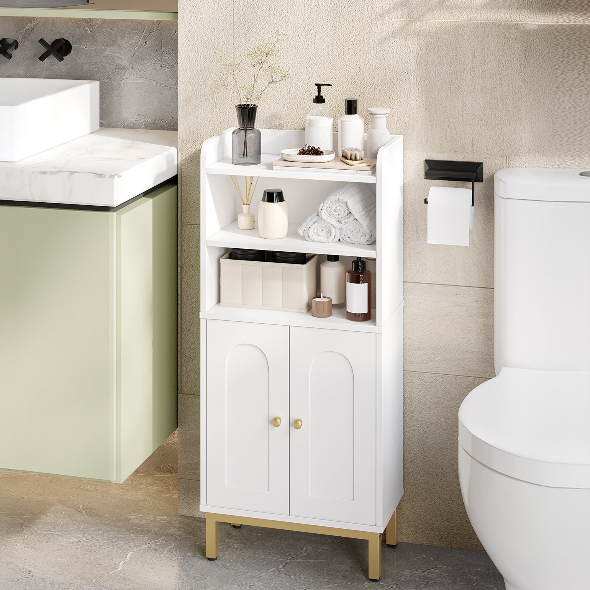 Hzuaneri Bathroom Storage Cabinet, Slim Bathroom Floor Cabinet with 2 Door and Adjustable Shelf, Wooden Freestanding Storage Unit for Dining Kitchen Living Room, White, BC48213G