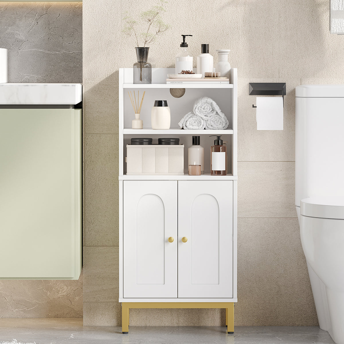 Hzuaneri Bathroom Storage Cabinet, Slim Bathroom Floor Cabinet with 2 Door and Adjustable Shelf, Wooden Freestanding Storage Unit for Dining Kitchen Living Room, White, BC48213G