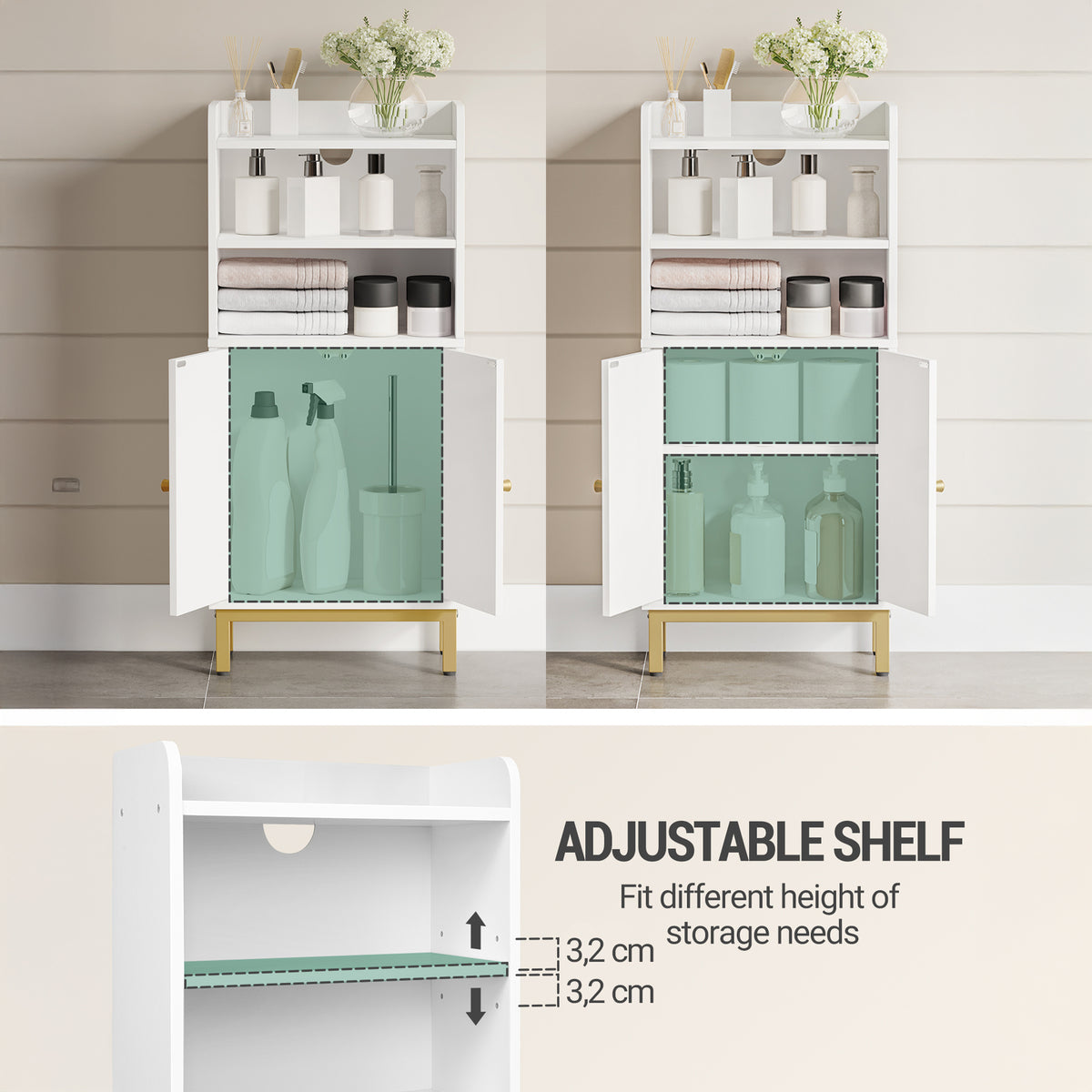 Hzuaneri Bathroom Storage Cabinet, Slim Bathroom Floor Cabinet with 2 Door and Adjustable Shelf, Wooden Freestanding Storage Unit for Dining Kitchen Living Room, White, BC48213G