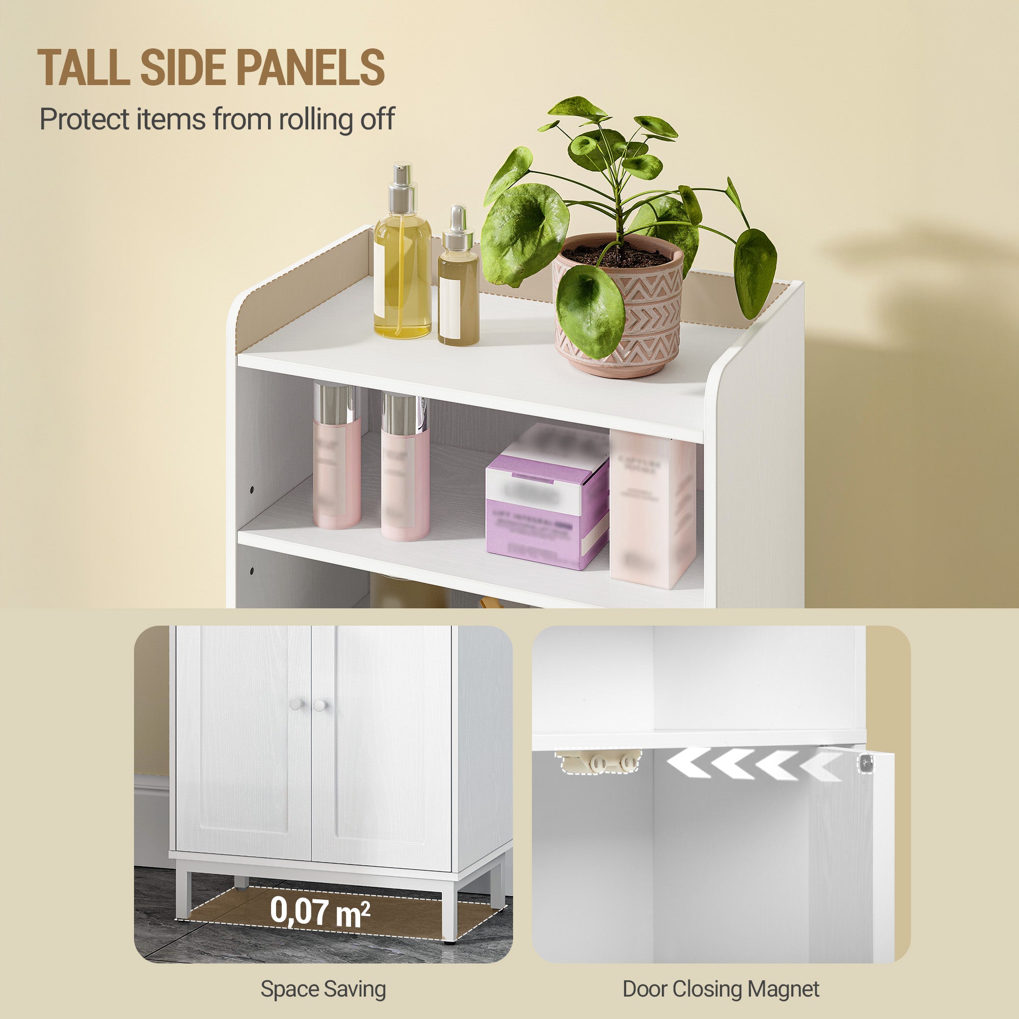 Hzuaneri Bathroom Cabinet, Bathroom Cabinet, Kitchen Cabinet with 2 Open Compartments, 2 Doors, 2 Adjustable Shelves, Freestanding Bathroom, 20 × 37 × 84 cm, White BC48213W