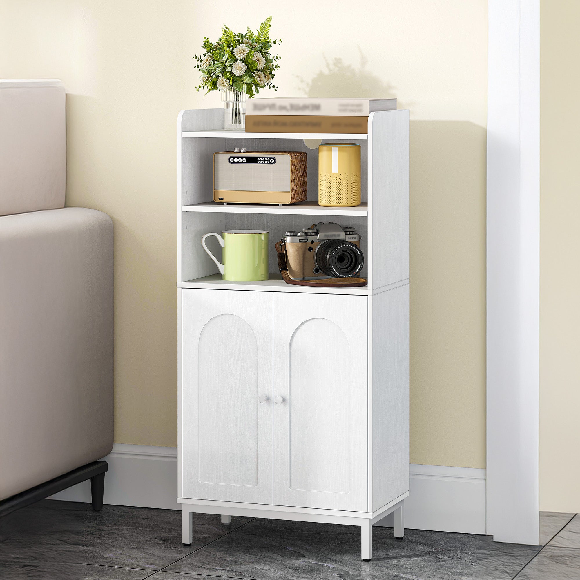 Hzuaneri Bathroom Cabinet, Bathroom Cabinet, Kitchen Cabinet with 2 Open Compartments, 2 Doors, 2 Adjustable Shelves, Freestanding Bathroom, 20 × 37 × 84 cm, White BC48213W