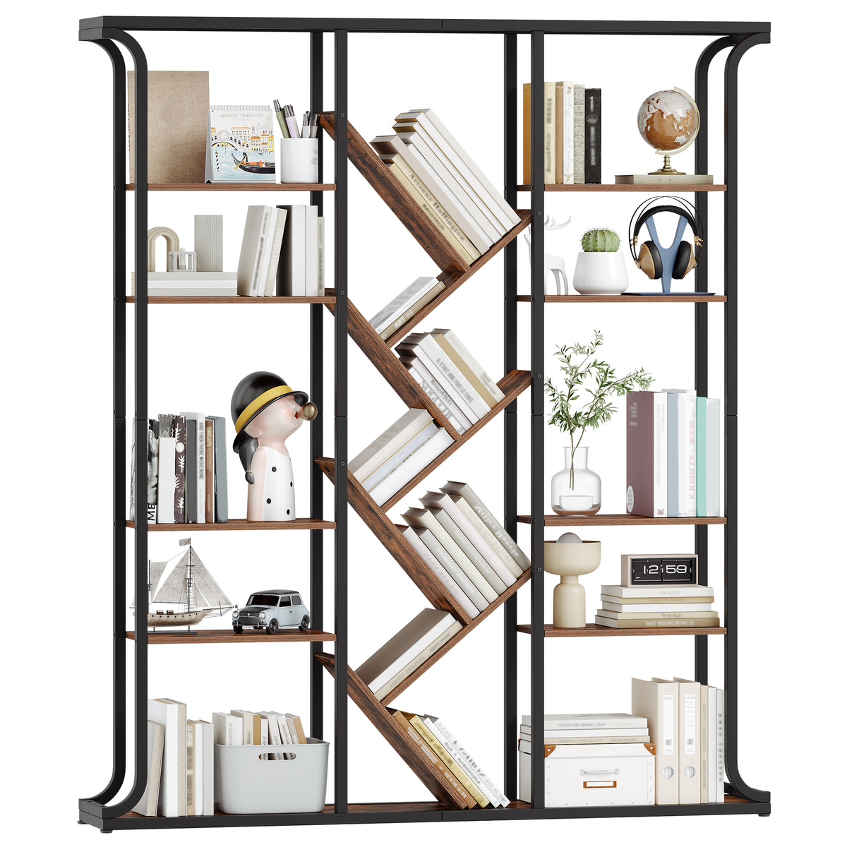 Hzuaneri Bookshelf, 3 Columns, 6 Tier Tree-Shaped Bookcase, 17 Open Independent Shelves, for Home Office, Bedroom, Living Room, 24 x 156 x 180 cm, Vintage Brown-Black BC53201B