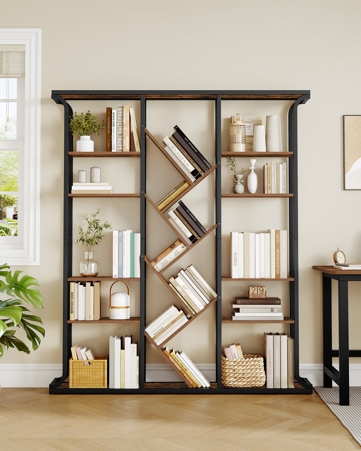 Hzuaneri Bookshelf, 3 Columns, 6 Tier Tree-Shaped Bookcase, 17 Open Independent Shelves, for Home Office, Bedroom, Living Room, 24 x 156 x 180 cm, Vintage Brown-Black BC53201B