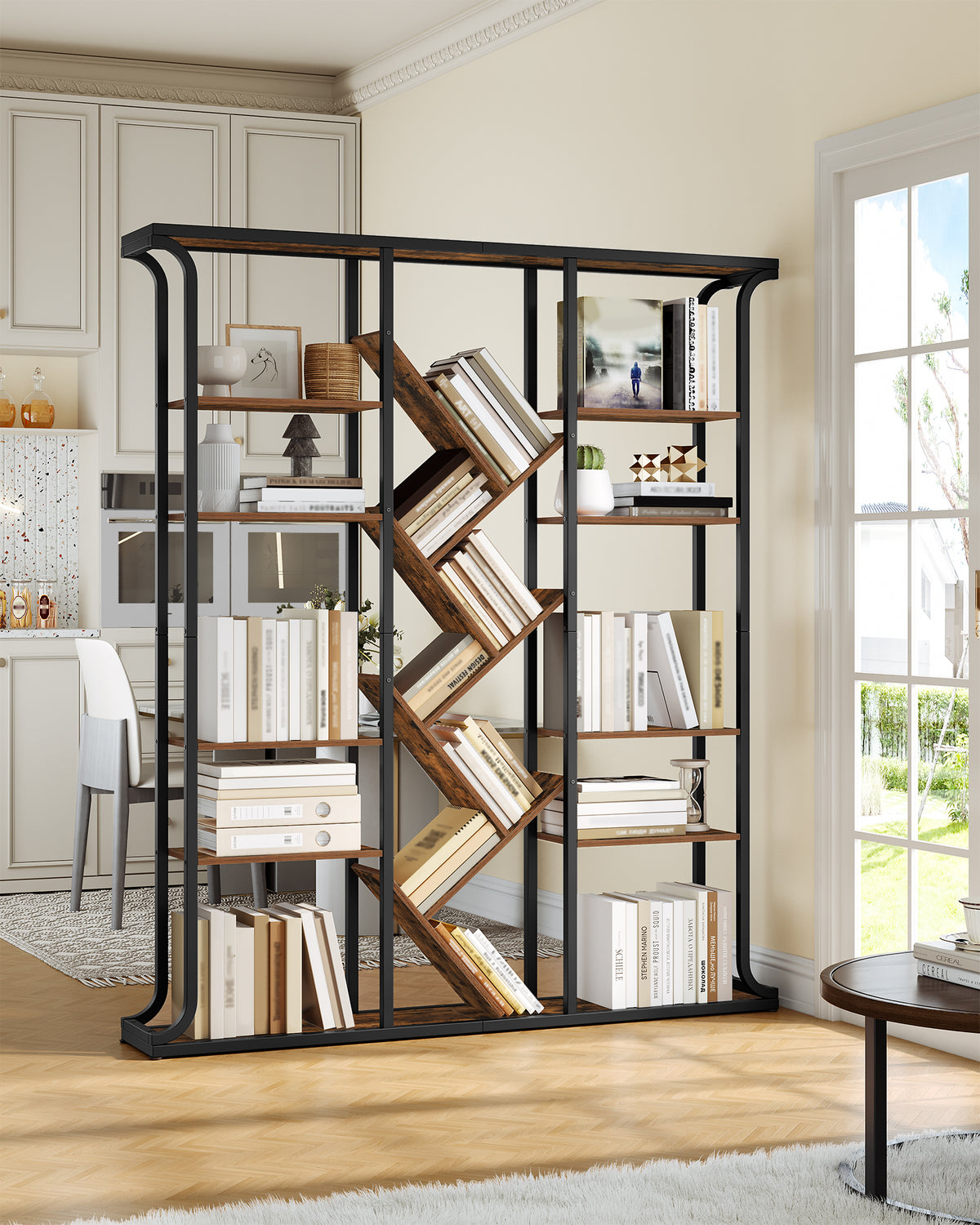 Hzuaneri Bookshelf, 3 Columns, 6 Tier Tree-Shaped Bookcase, 17 Open Independent Shelves, for Home Office, Bedroom, Living Room, 24 x 156 x 180 cm, Vintage Brown-Black BC53201B