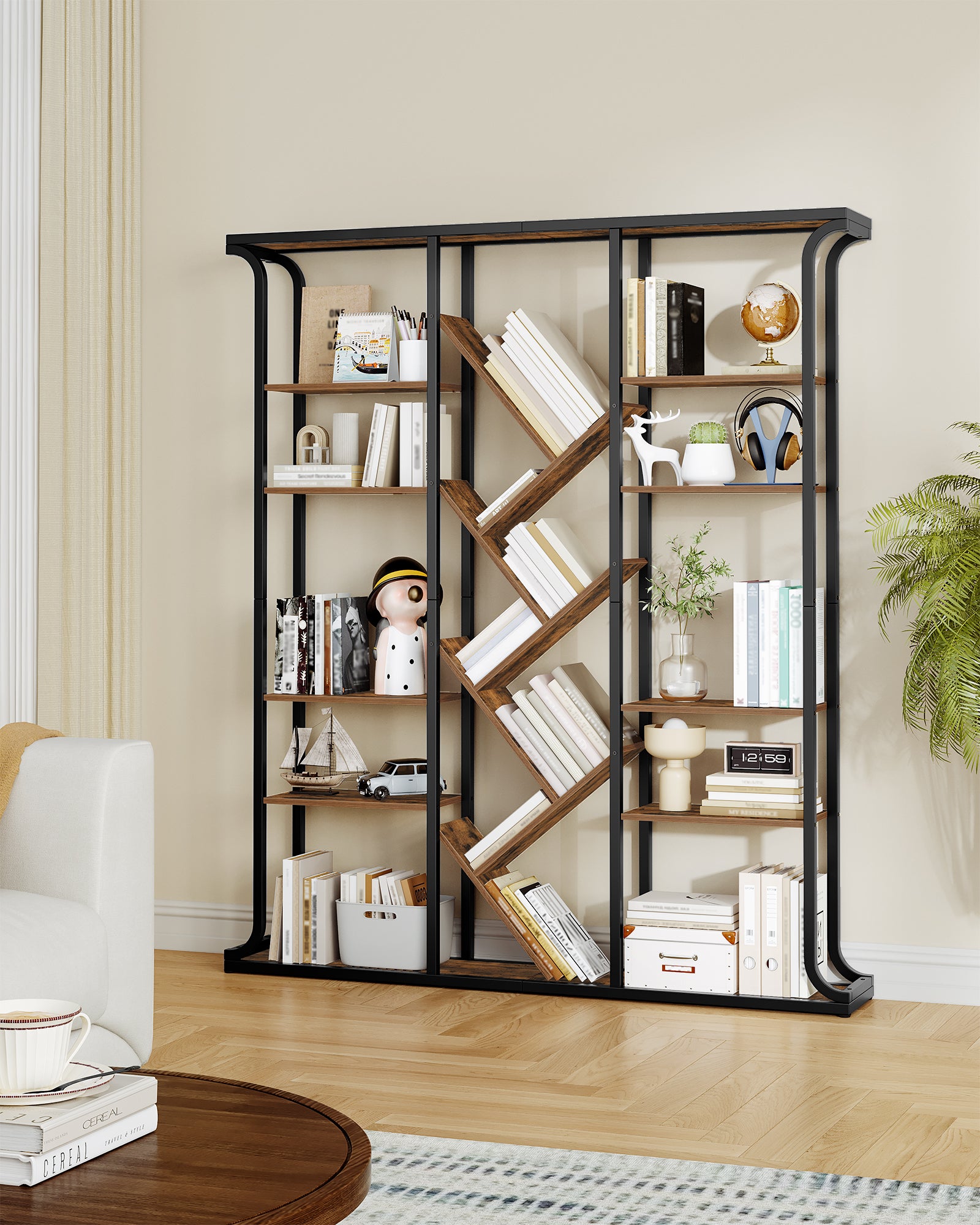 Hzuaneri Bookshelf, 3 Columns, 6 Tier Tree-Shaped Bookcase, 17 Open Independent Shelves, for Home Office, Bedroom, Living Room, 24 x 156 x 180 cm, Vintage Brown-Black BC53201B