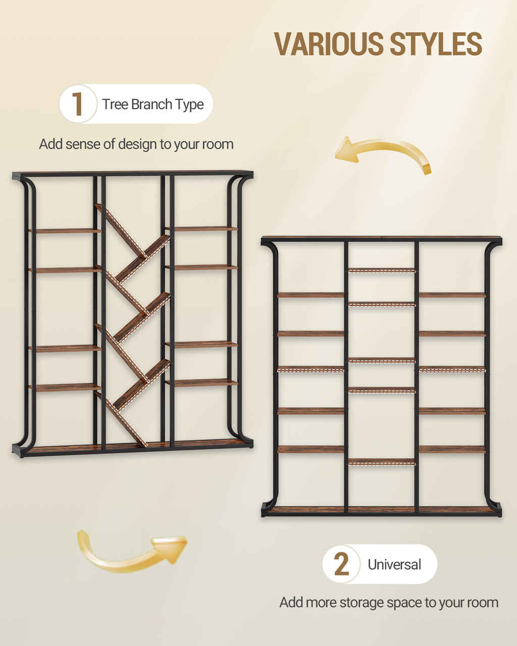 Hzuaneri Bookshelf, 3 Columns, 6 Tier Tree-Shaped Bookcase, 17 Open Independent Shelves, for Home Office, Bedroom, Living Room, 24 x 156 x 180 cm, Vintage Brown-Black BC53201B