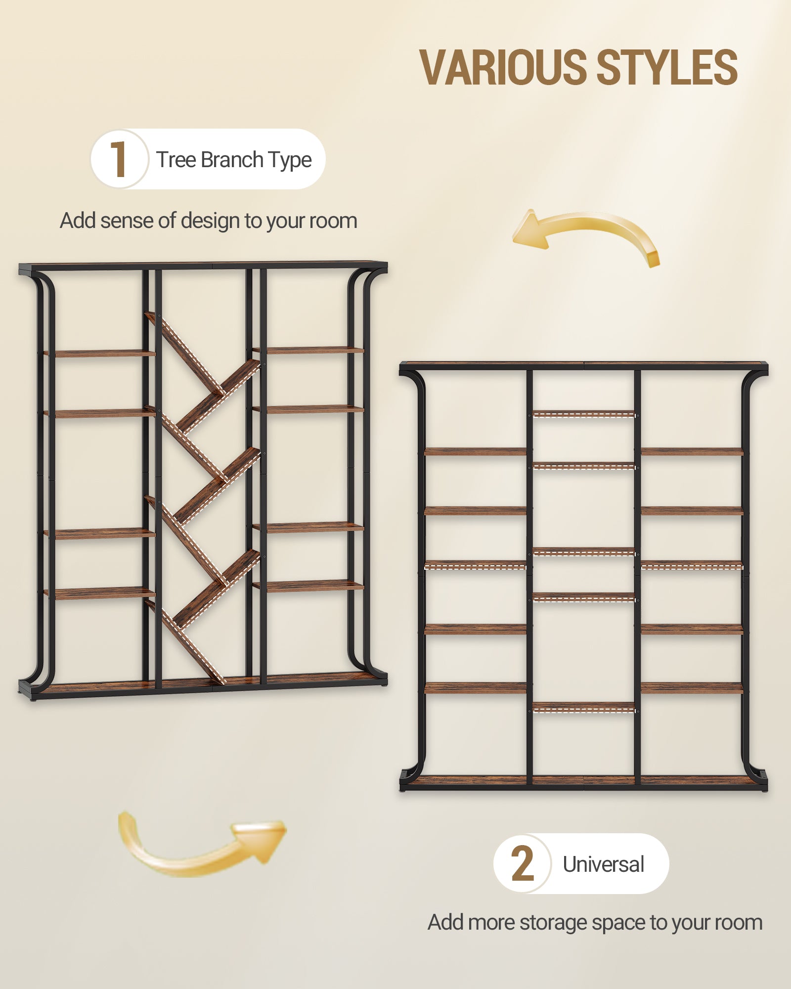 Hzuaneri Bookshelf, 3 Columns, 6 Tier Tree-Shaped Bookcase, 17 Open Independent Shelves, for Home Office, Bedroom, Living Room, 24 x 156 x 180 cm, Vintage Brown-Black BC53201B