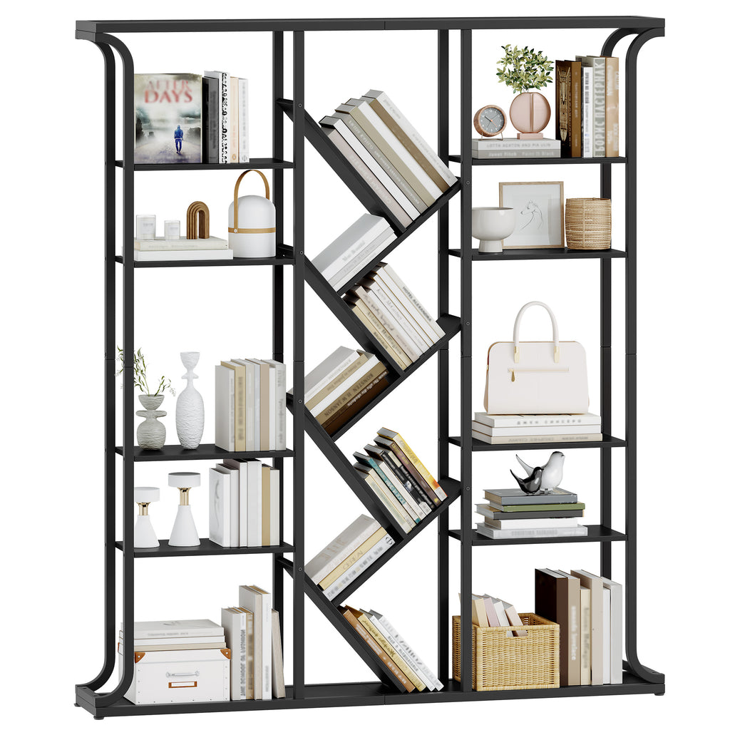 Hzuaneri Bookshelf, 3 Columns, 6 Tier Tree-Shaped Bookcase, 17 Open Independent Shelves, for Home Office, Bedroom, Living Room, 24 x 156 x 180 cm, Black BC53204B