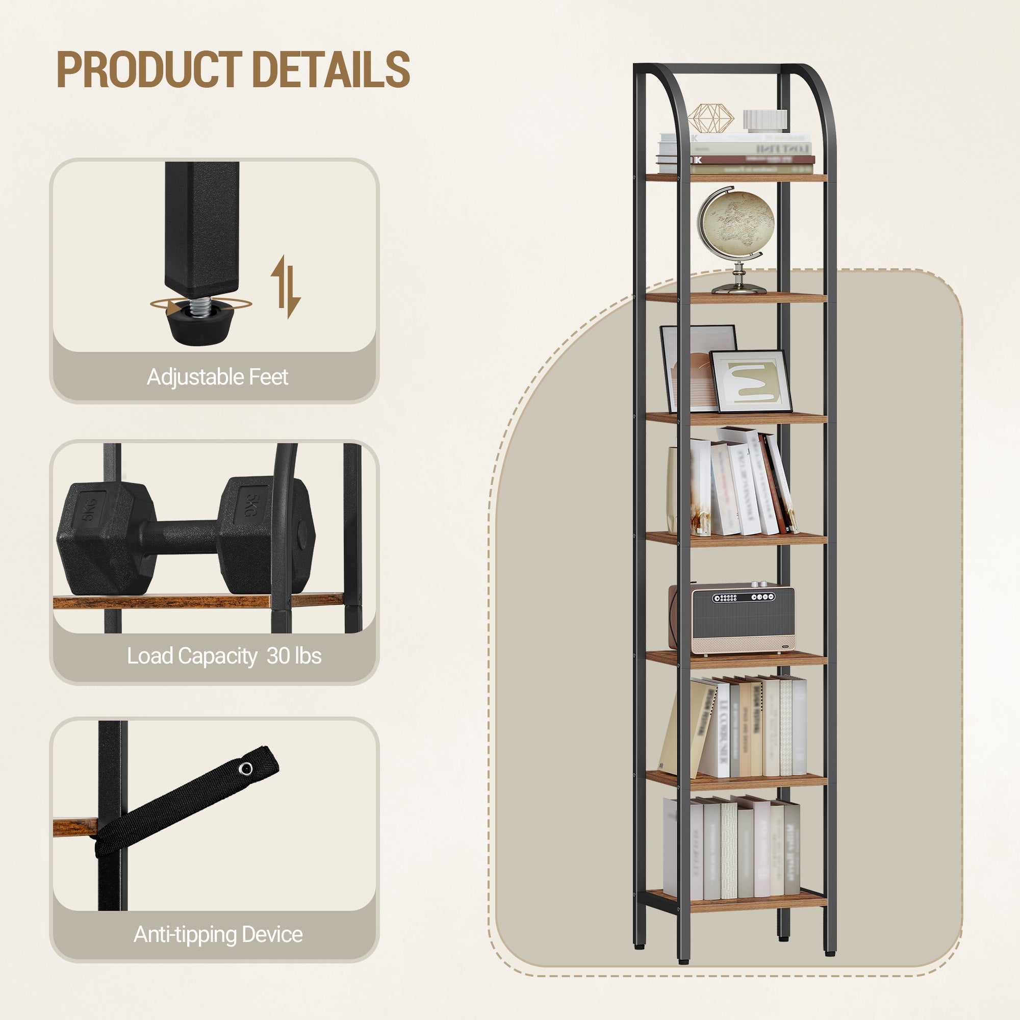Hzuaneri Bookcase, 7-Tier Bookshelf, Narrow Bookcase Shelving Unit for Living Room, Office, Sturdy, Bedroom, 30 x 33.6 x 208.5 cm, Industrial, Rustic Brown and Black, BC57001B
