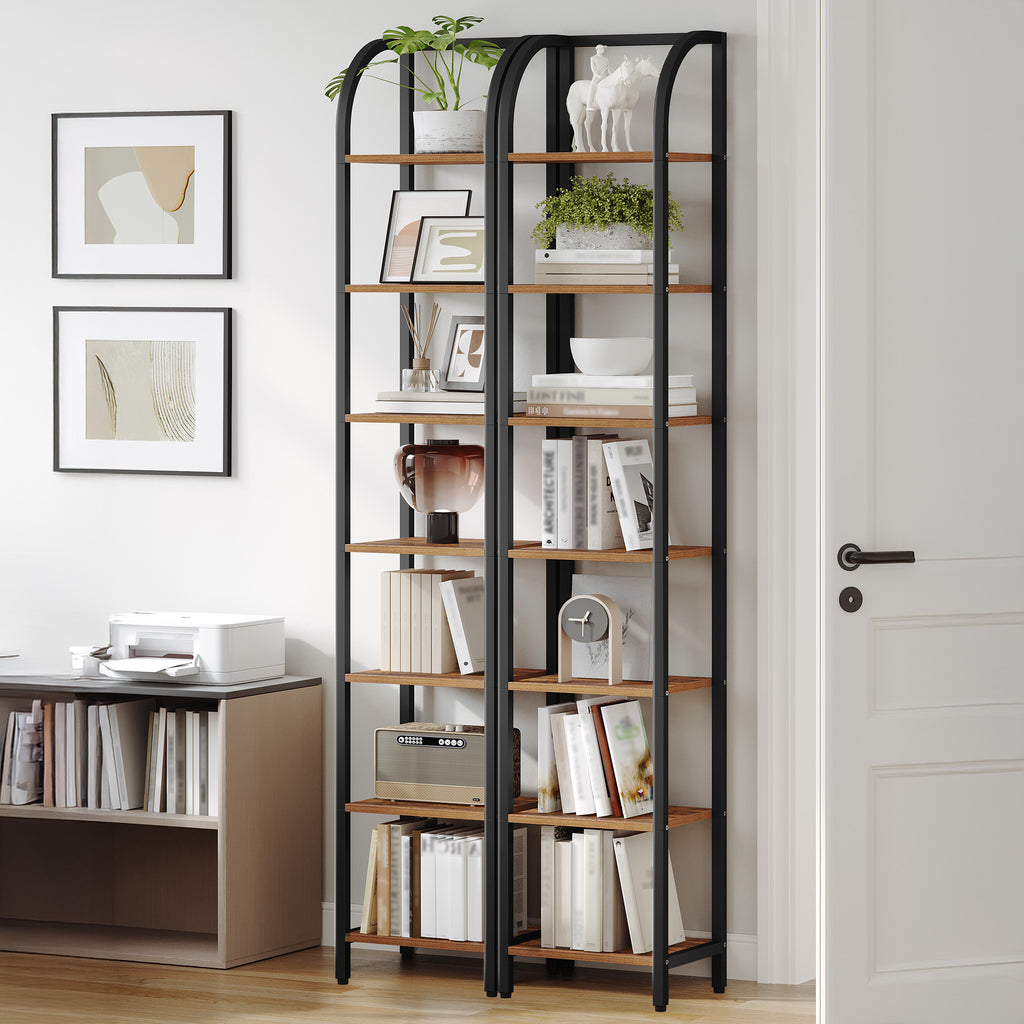 Hzuaneri Bookcase, 7-Tier Bookshelf, Narrow Bookcase Shelving Unit for Living Room, Office, Sturdy, Bedroom, 30 x 33.6 x 208.5 cm, Industrial, Rustic Brown and Black, BC57001B
