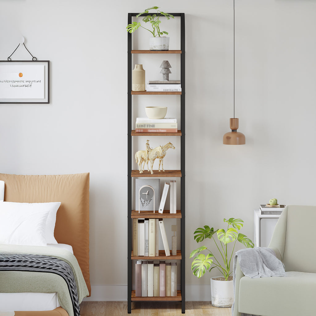 Hzuaneri Bookcase, 7-Tier Bookshelf, Narrow Bookcase Shelving Unit for Living Room, Office, Sturdy, Bedroom, 30 x 33.6 x 208.5 cm, Industrial, Rustic Brown and Black, BC57001B