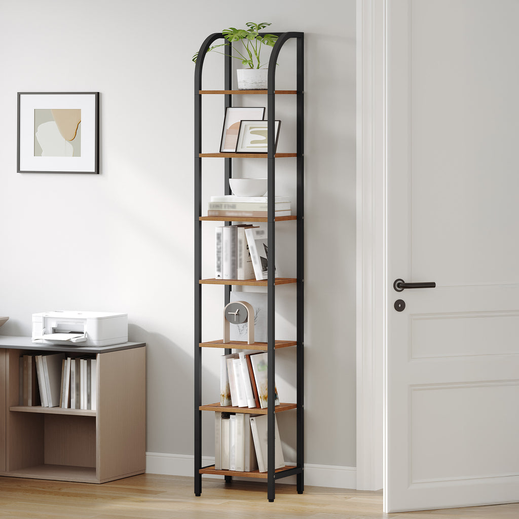Hzuaneri Bookcase, 7-Tier Bookshelf, Narrow Bookcase Shelving Unit for Living Room, Office, Sturdy, Bedroom, 30 x 33.6 x 208.5 cm, Industrial, Rustic Brown and Black, BC57001B