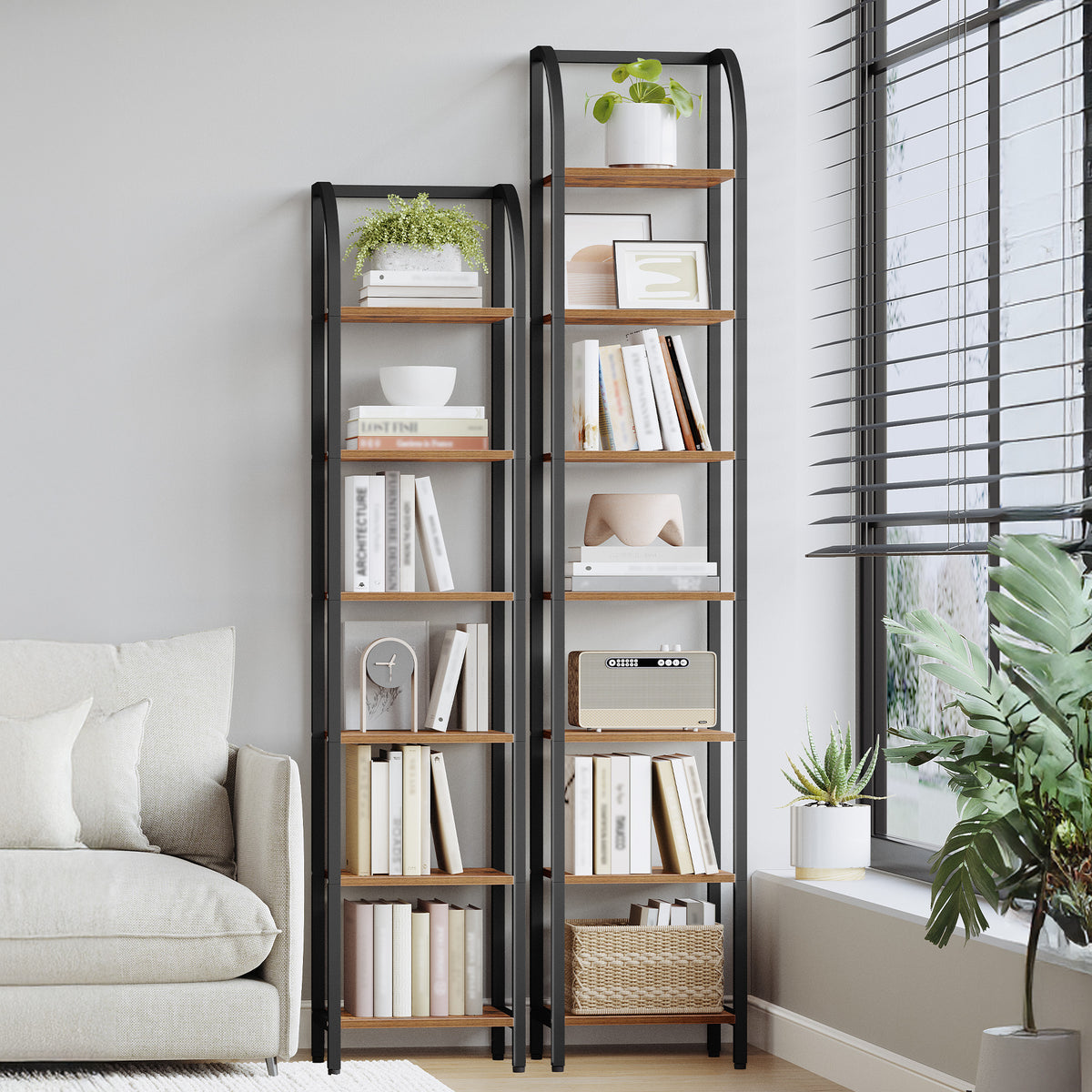 Hzuaneri Bookcase, 7-Tier Bookshelf, Narrow Bookcase Shelving Unit for Living Room, Office, Sturdy, Bedroom, 30 x 33.6 x 208.5 cm, Industrial, Rustic Brown and Black, BC57001B