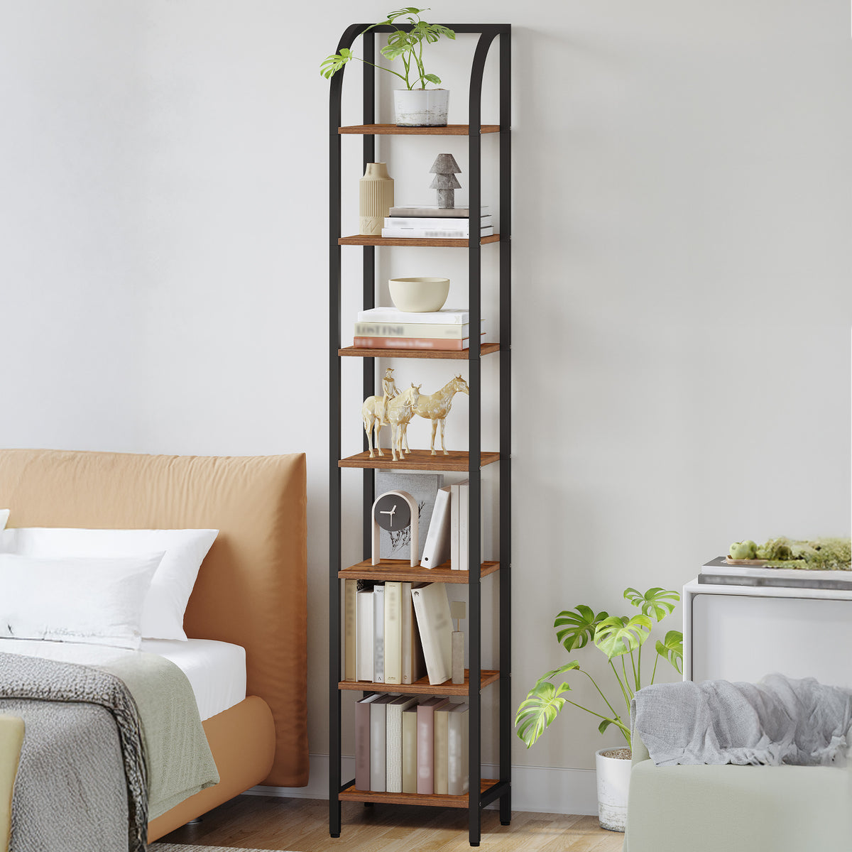 Hzuaneri Bookcase, 7-Tier Bookshelf, Narrow Bookcase Shelving Unit for Living Room, Office, Sturdy, Bedroom, 30 x 33.6 x 208.5 cm, Industrial, Rustic Brown and Black, BC57001B