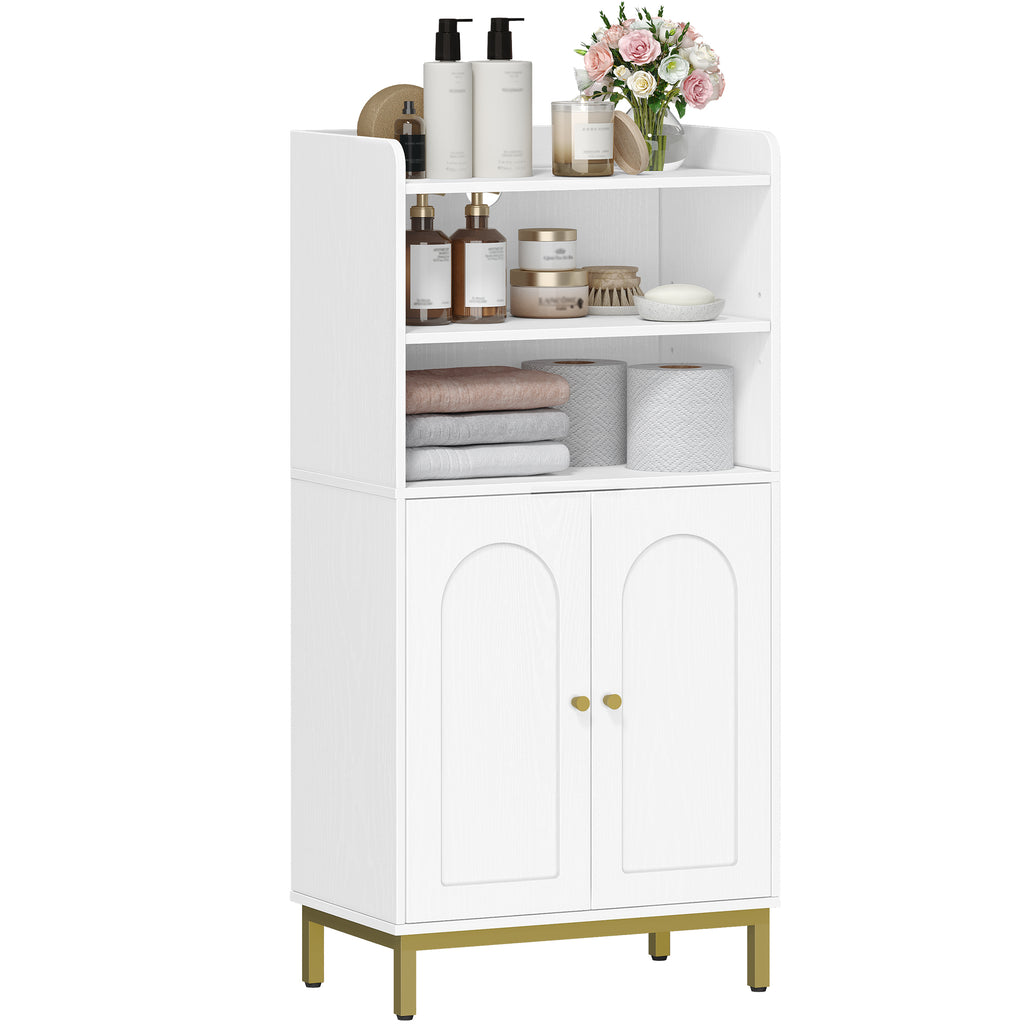 Hzuaneri Bathroom Cabinet, Bathroom Storage Unit, Kitchen Cabinet with 2 Open Compartments, 2 Doors, 2 Adjustable Shelves, Freestanding Bathroom, 30 x 50 x 100 cm, White-Gold BC58213G