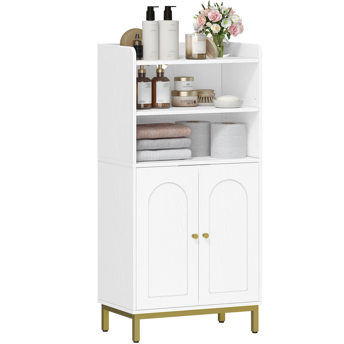 Hzuaneri Bathroom Cabinet, Bathroom Storage Unit, Kitchen Cabinet with 2 Open Compartments, 2 Doors, 2 Adjustable Shelves, Freestanding Bathroom, 30 x 50 x 100 cm, White-Gold BC58213G