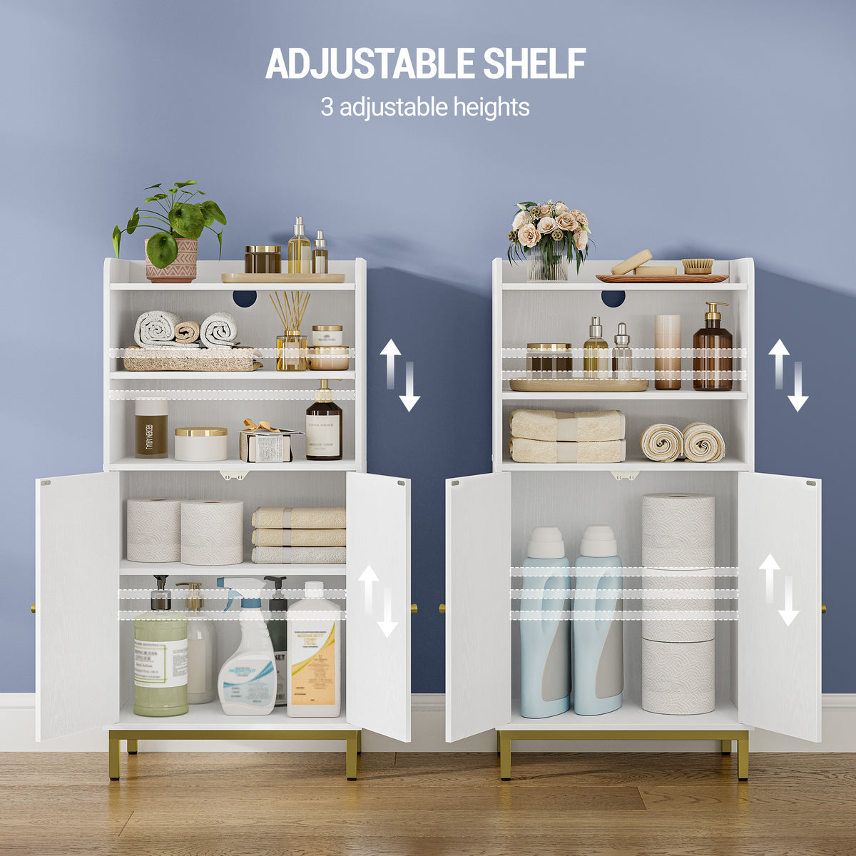 Hzuaneri Bathroom Cabinet, Bathroom Storage Unit, Kitchen Cabinet with 2 Open Compartments, 2 Doors, 2 Adjustable Shelves, Freestanding Bathroom, 30 x 50 x 100 cm, White-Gold BC58213G