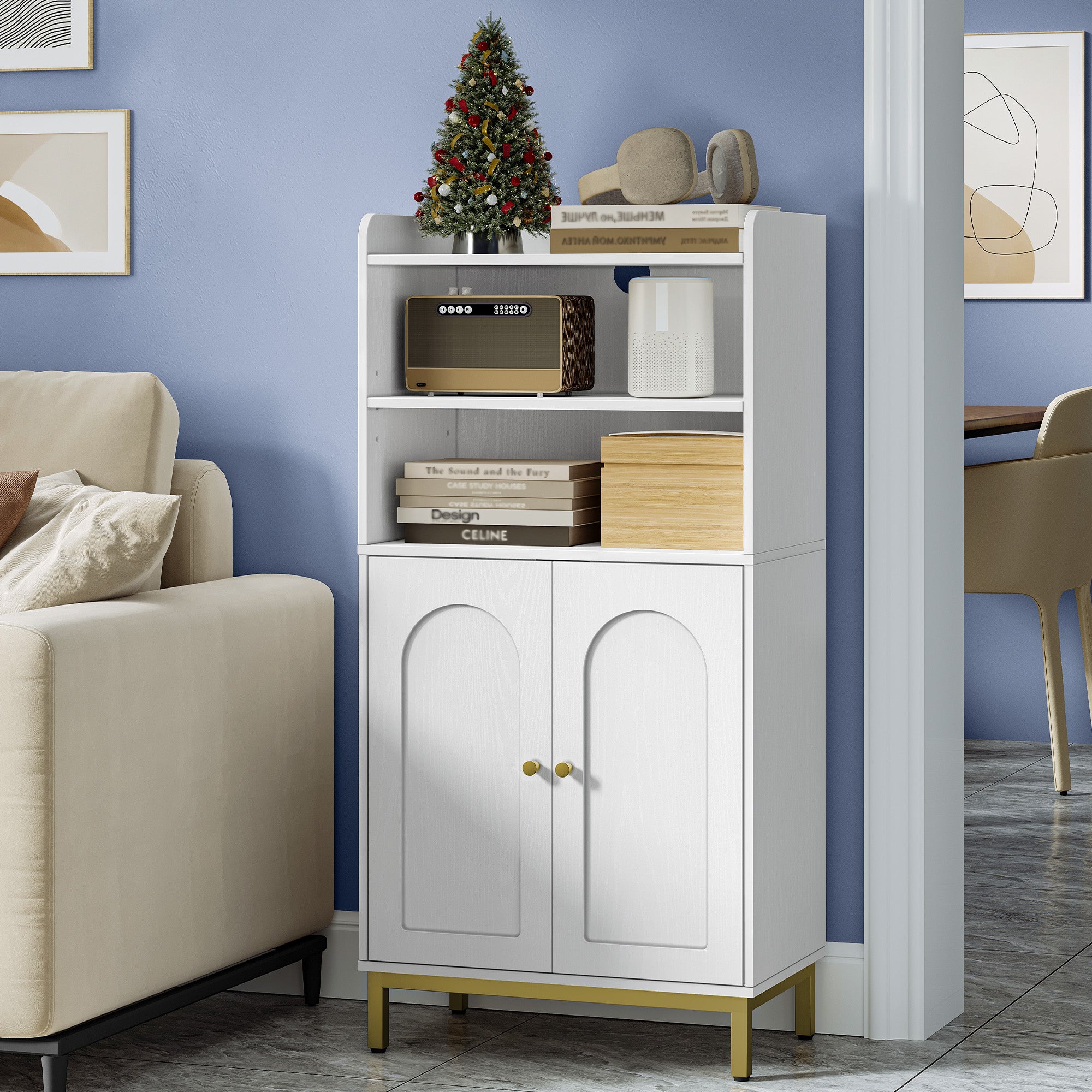 Hzuaneri Bathroom Cabinet, Bathroom Storage Unit, Kitchen Cabinet with 2 Open Compartments, 2 Doors, 2 Adjustable Shelves, Freestanding Bathroom, 30 x 50 x 100 cm, White-Gold BC58213G
