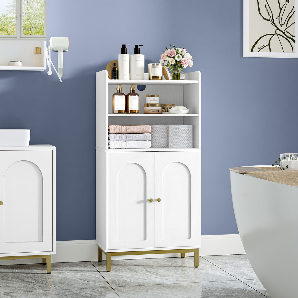 Hzuaneri Bathroom Cabinet, Bathroom Storage Unit, Kitchen Cabinet with 2 Open Compartments, 2 Doors, 2 Adjustable Shelves, Freestanding Bathroom, 30 x 50 x 100 cm, White-Gold BC58213G