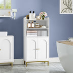 Hzuaneri Bathroom Cabinet, Bathroom Storage Unit, Kitchen Cabinet with 2 Open Compartments, 2 Doors, 2 Adjustable Shelves, Freestanding Bathroom, 30 x 50 x 100 cm, White-Gold BC58213G