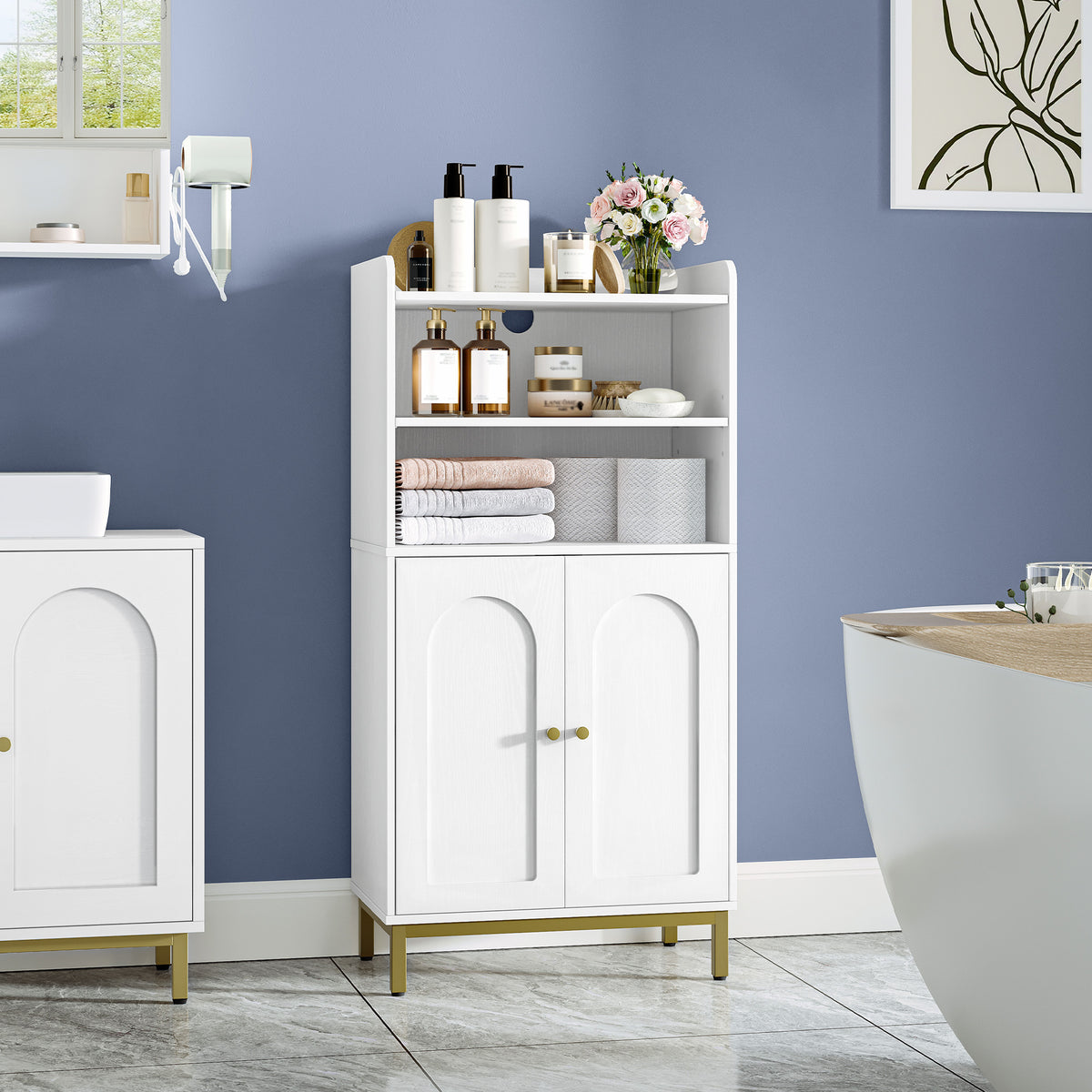 Hzuaneri Bathroom Cabinet, Bathroom Storage Unit, Kitchen Cabinet with 2 Open Compartments, 2 Doors, 2 Adjustable Shelves, Freestanding Bathroom, 30 x 50 x 100 cm, White-Gold BC58213G