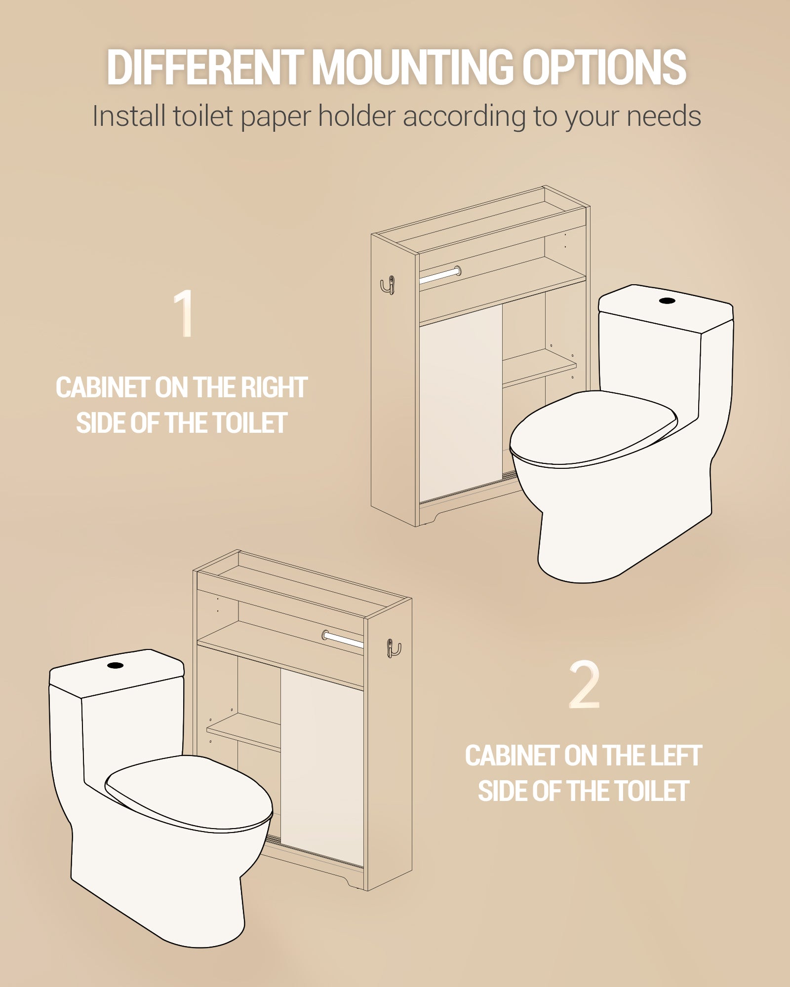 Hzuaneri Bathroom Storage Cabinet, Bathroom Floor Cabinet with Sliding Doors, Toilet Paper Holder and Hooks, Freestanding Storage with Adjustable Shelf, for Living Room, Bedroom, White BC62813X
