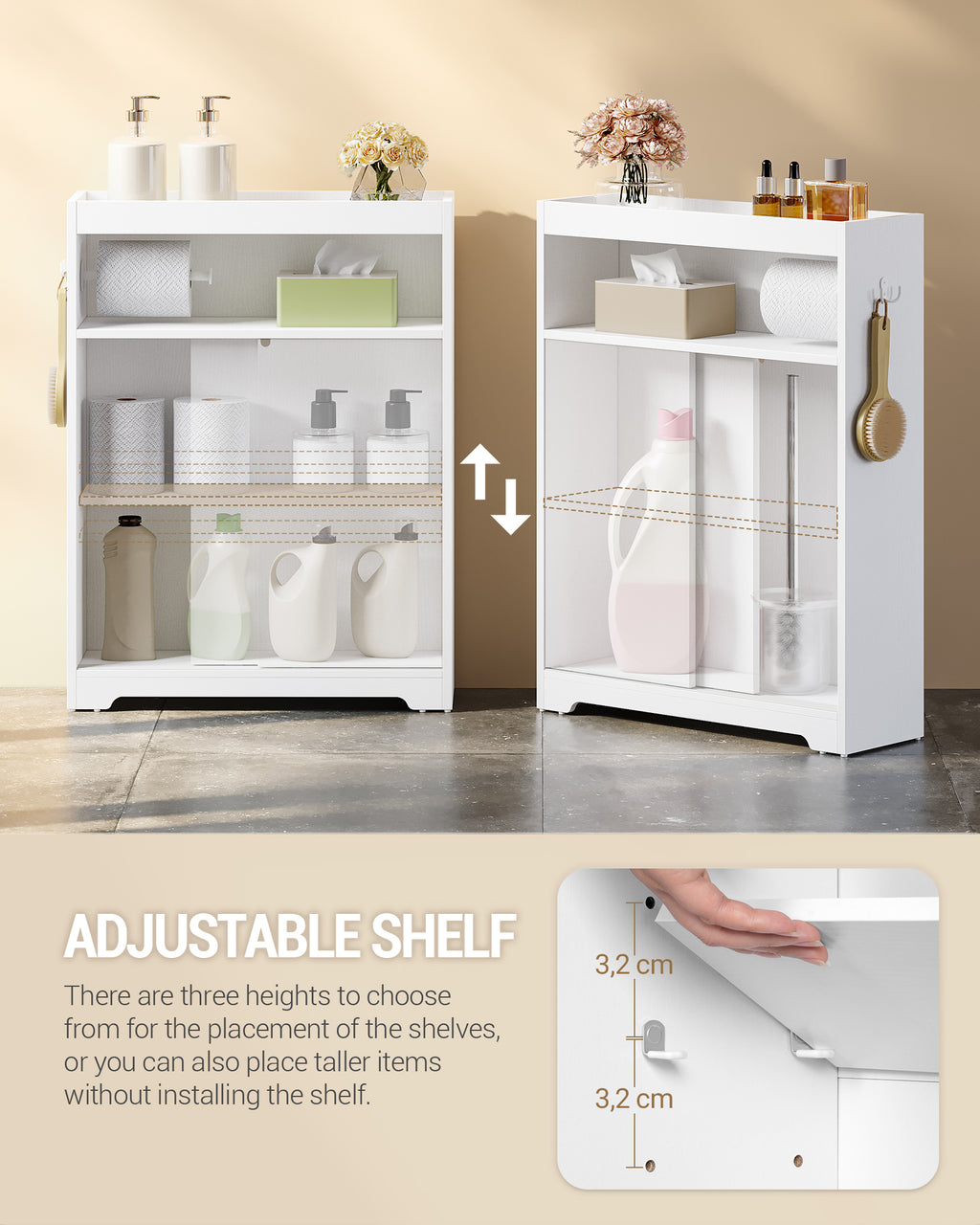 Hzuaneri Bathroom Storage Cabinet, Bathroom Floor Cabinet with Sliding Doors, Toilet Paper Holder and Hooks, Freestanding Storage with Adjustable Shelf, for Living Room, Bedroom, White BC62813X
