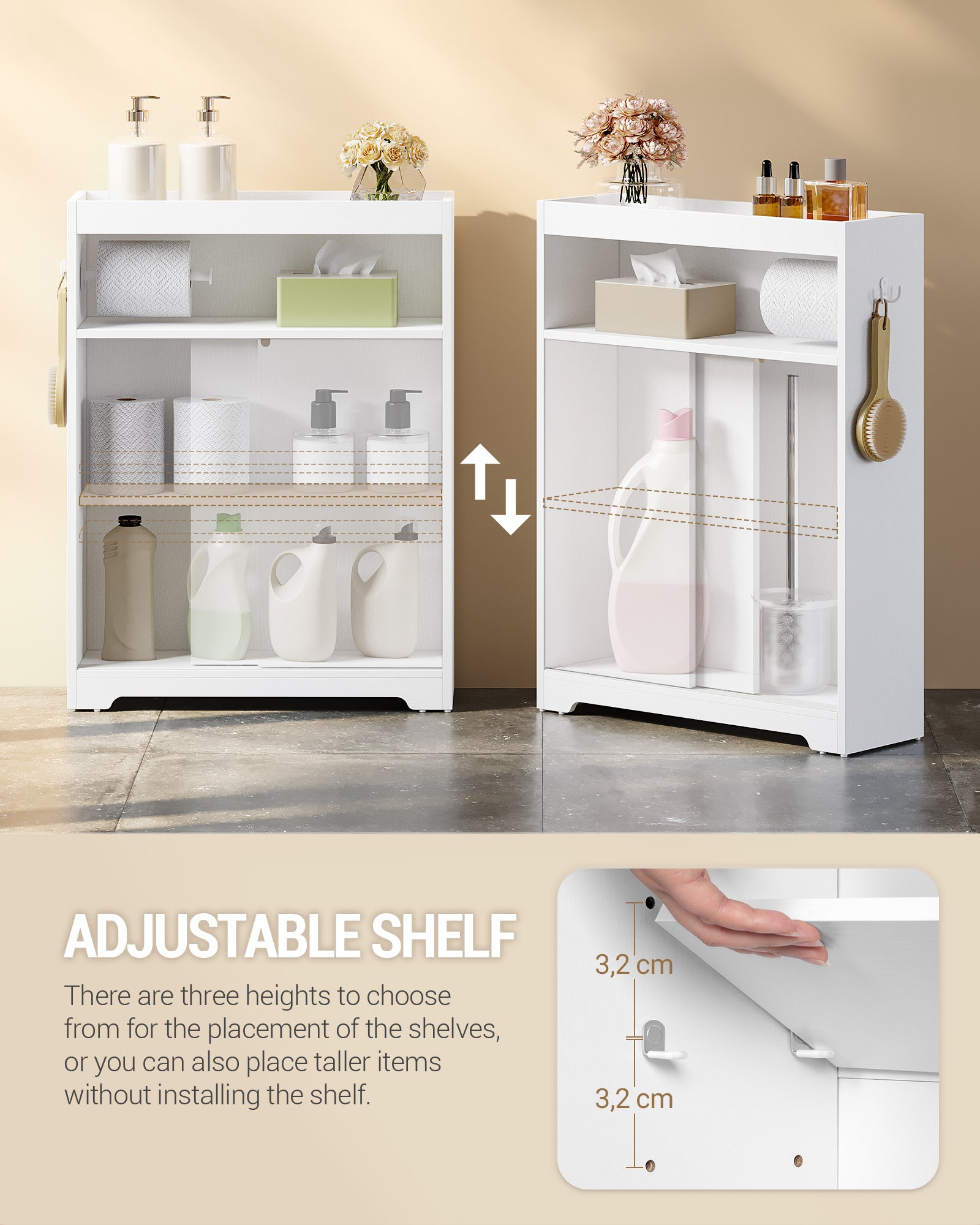 Hzuaneri Bathroom Storage Cabinet, Bathroom Floor Cabinet with Sliding Doors, Toilet Paper Holder and Hooks, Freestanding Storage with Adjustable Shelf, for Living Room, Bedroom, White BC62813X