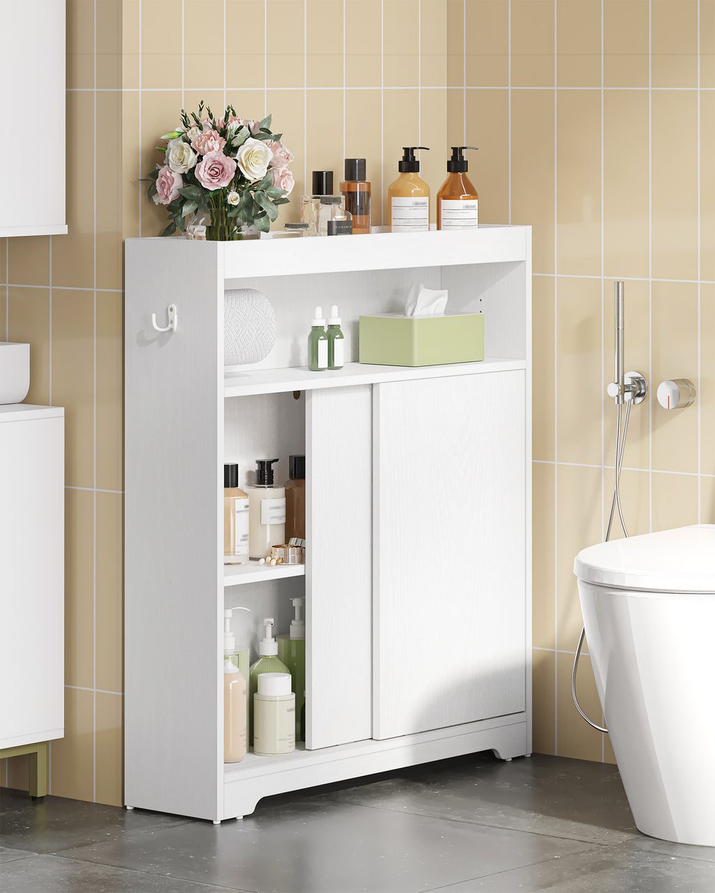 Hzuaneri Bathroom Cabinet, Niche Cabinet, Space-Saving Bathroom Cabinet with Toilet Paper Holder and Hooks, Sliding Door, Adjustable Shelf, for the Bathroom, 20 x 80 x 90 cm, White BC63813X