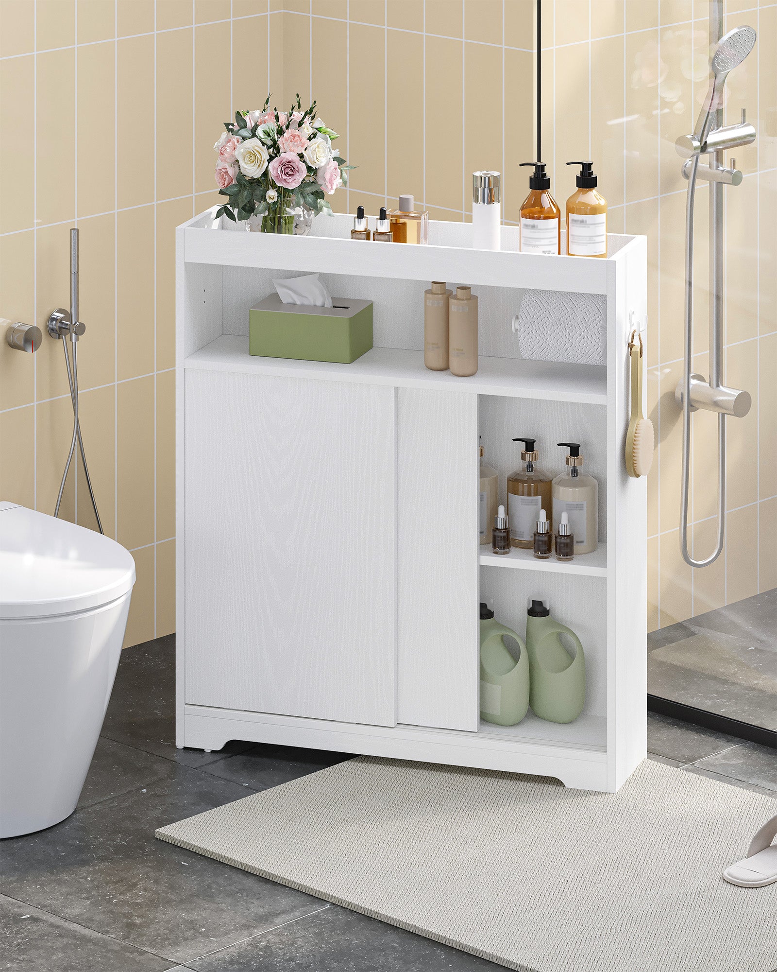Hzuaneri Bathroom Cabinet, Niche Cabinet, Space-Saving Bathroom Cabinet with Toilet Paper Holder and Hooks, Sliding Door, Adjustable Shelf, for the Bathroom, 20 x 80 x 90 cm, White BC63813X