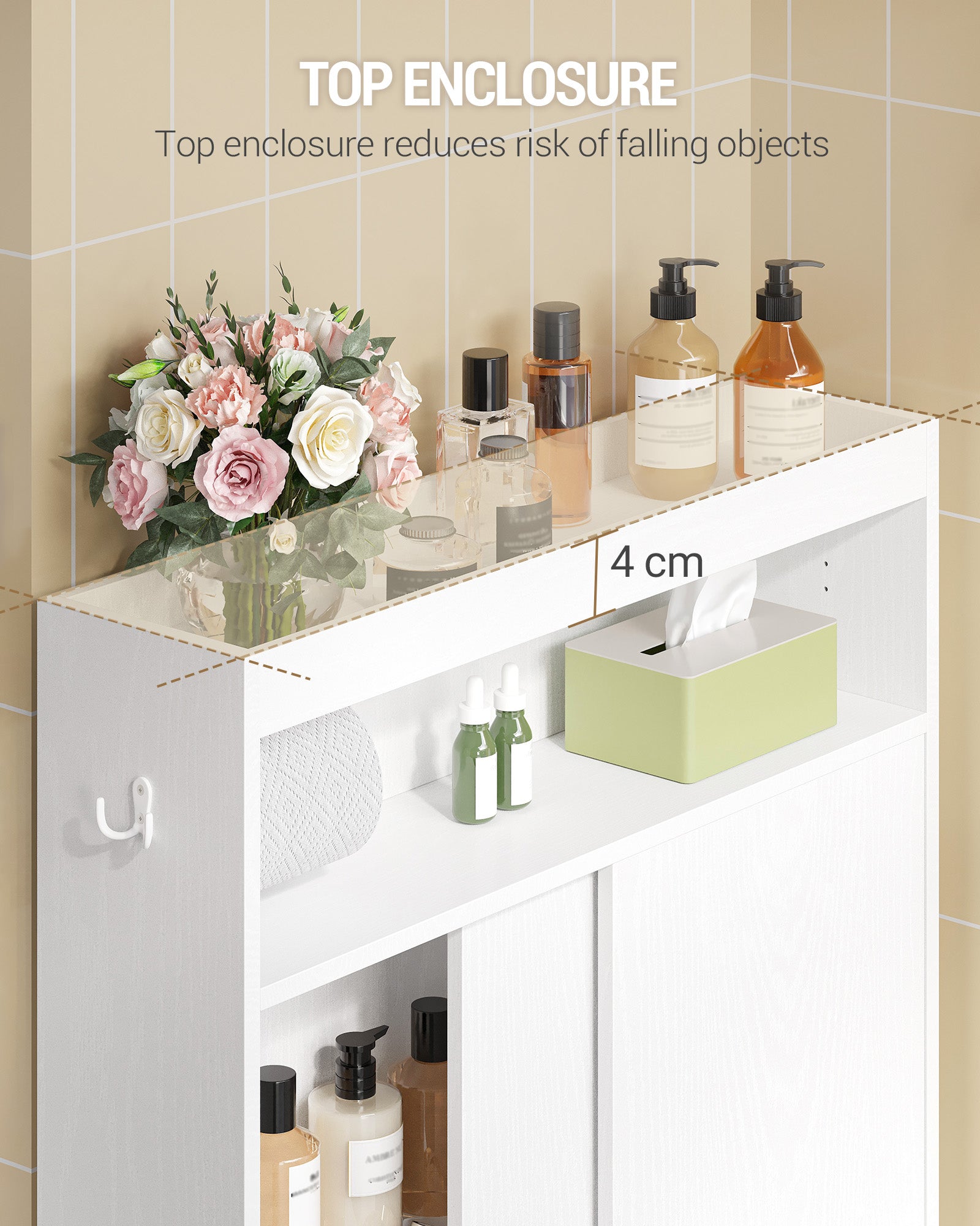 Hzuaneri Bathroom Cabinet, Niche Cabinet, Space-Saving Bathroom Cabinet with Toilet Paper Holder and Hooks, Sliding Door, Adjustable Shelf, for the Bathroom, 20 x 80 x 90 cm, White BC63813X