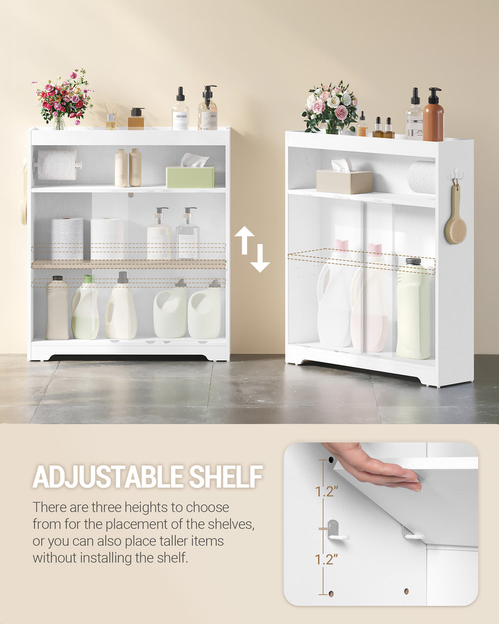 Hzuaneri Bathroom Cabinet, Niche Cabinet, Space-Saving Bathroom Cabinet with Toilet Paper Holder and Hooks, Sliding Door, Adjustable Shelf, for the Bathroom, 20 x 80 x 90 cm, White BC63813X