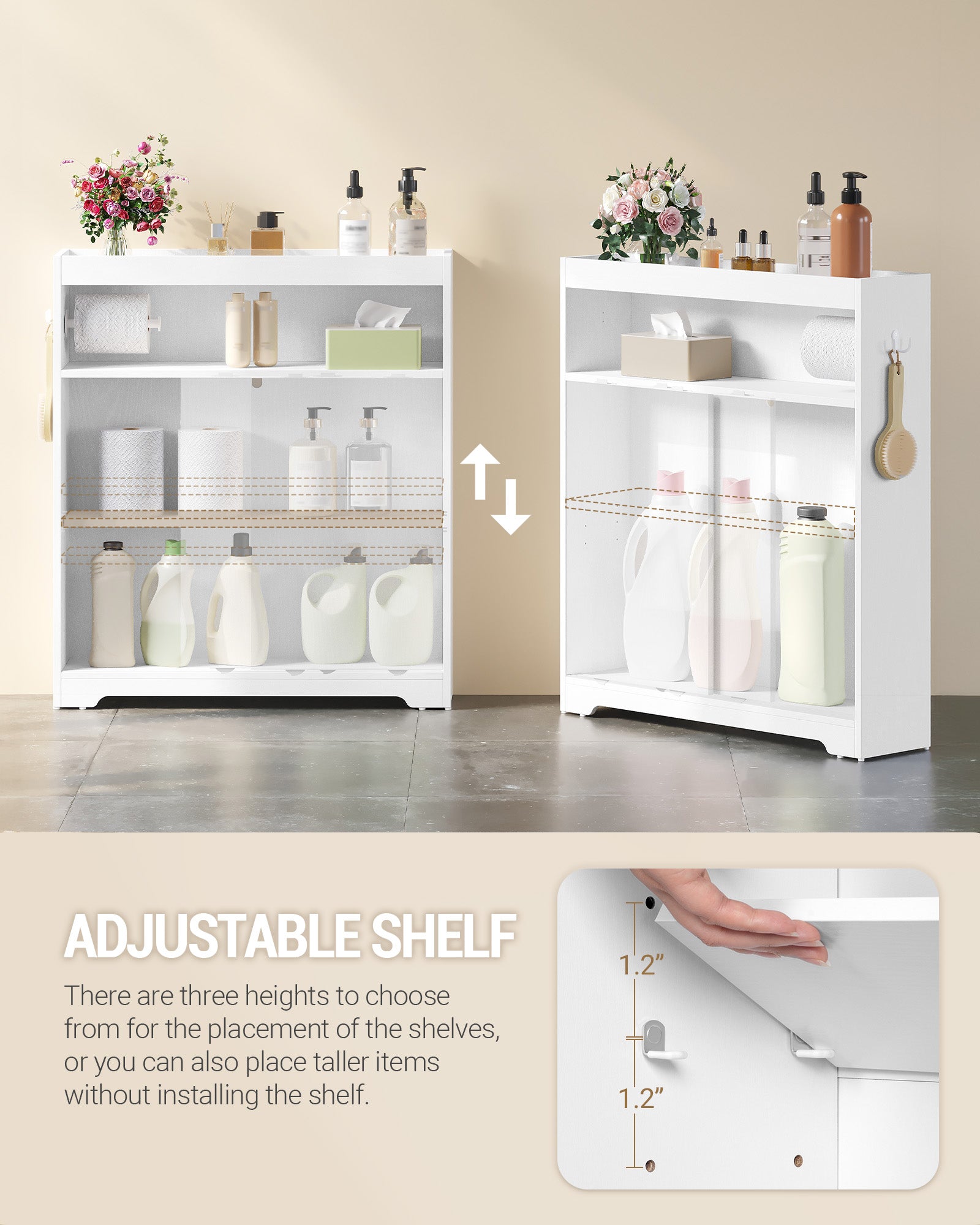 Hzuaneri Bathroom Cabinet, Niche Cabinet, Space-Saving Bathroom Cabinet with Toilet Paper Holder and Hooks, Sliding Door, Adjustable Shelf, for the Bathroom, 20 x 80 x 90 cm, White BC63813X