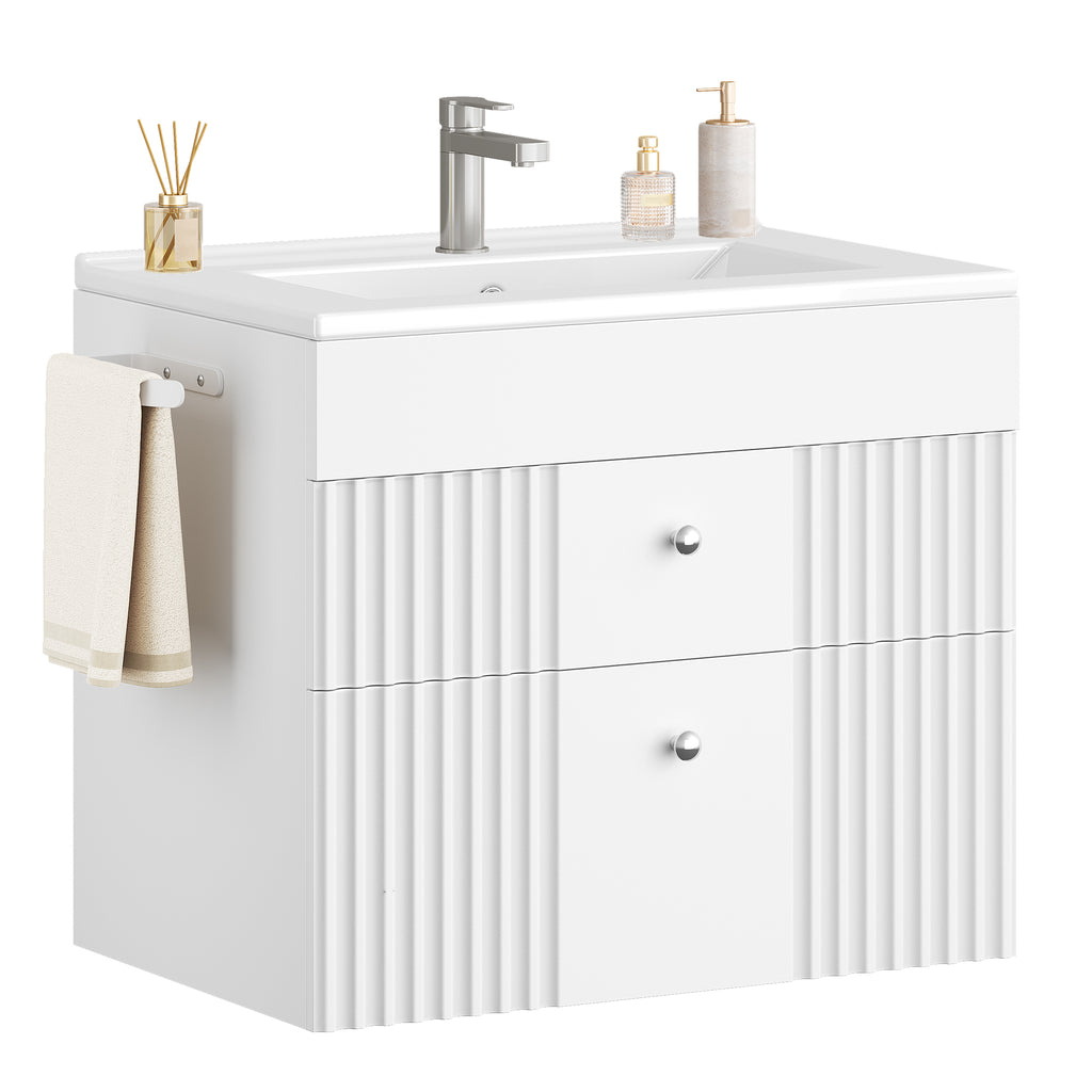 Hzuaneri Bathroom Vanity Unit, Wall-Mounted Sink with Cabinet, Bathroom Cabinet, 2 Drawers, 1 Towel Rail, Large Storage Capacity, 40 x 60 x 50 cm, White，BC64103X