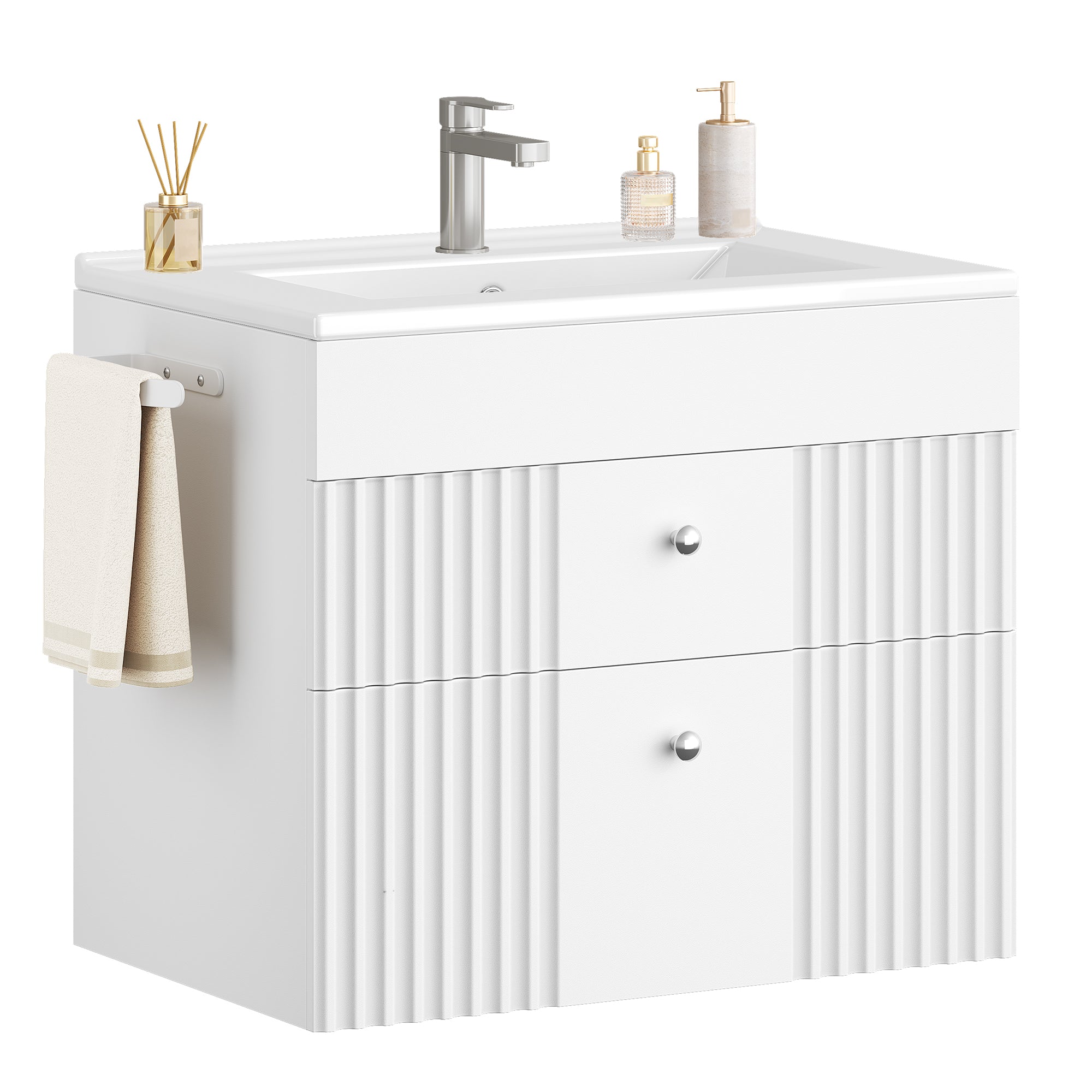 Hzuaneri Bathroom Vanity Unit, Wall-Mounted Sink with Cabinet, Bathroom Cabinet, 2 Drawers, 1 Towel Rail, Large Storage Capacity, 40 x 60 x 50 cm, White，BC64103X