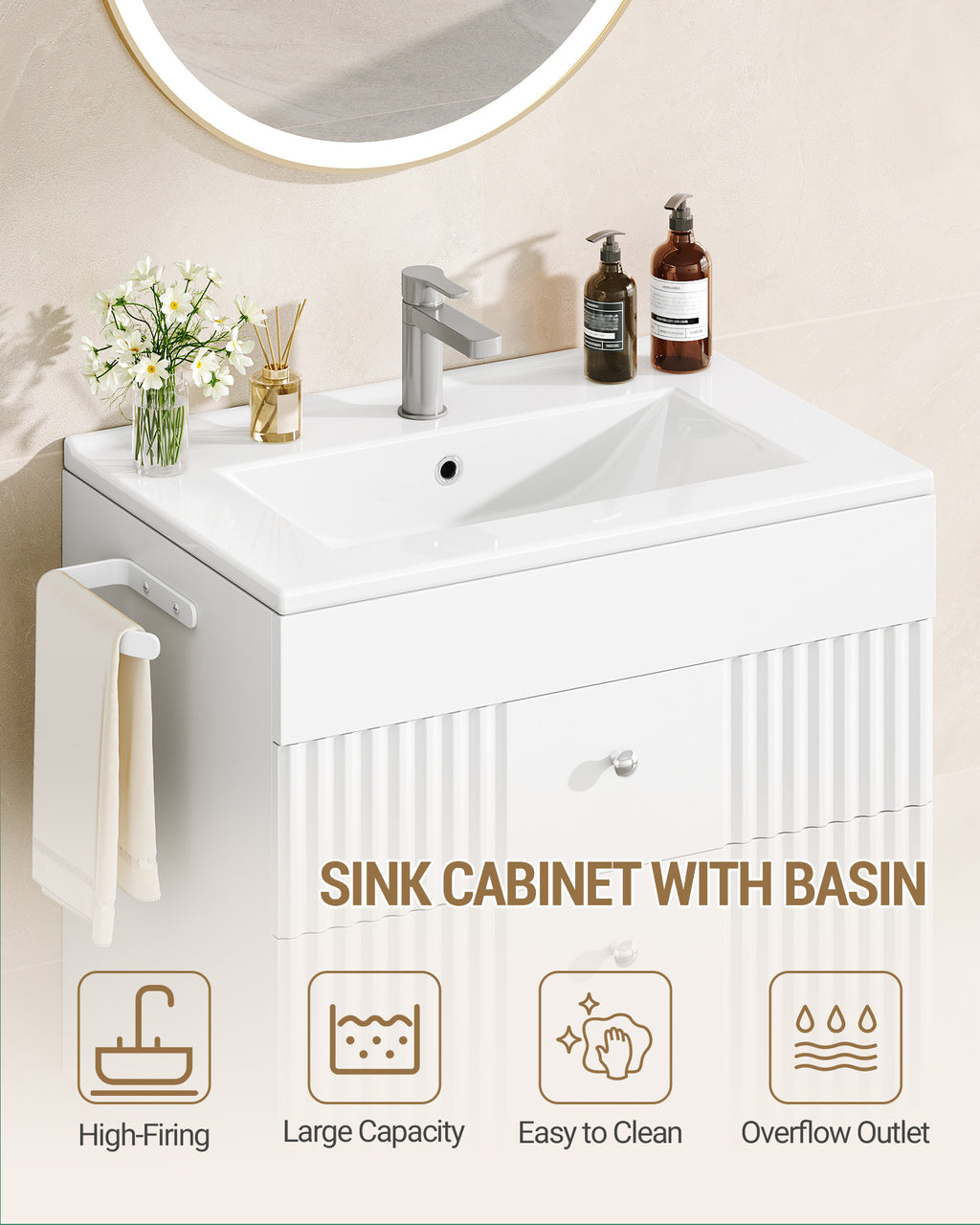 Hzuaneri Bathroom Vanity Unit, Wall-Mounted Sink with Cabinet, Bathroom Cabinet, 2 Drawers, 1 Towel Rail, Large Storage Capacity, 40 x 60 x 50 cm, White，BC64103X