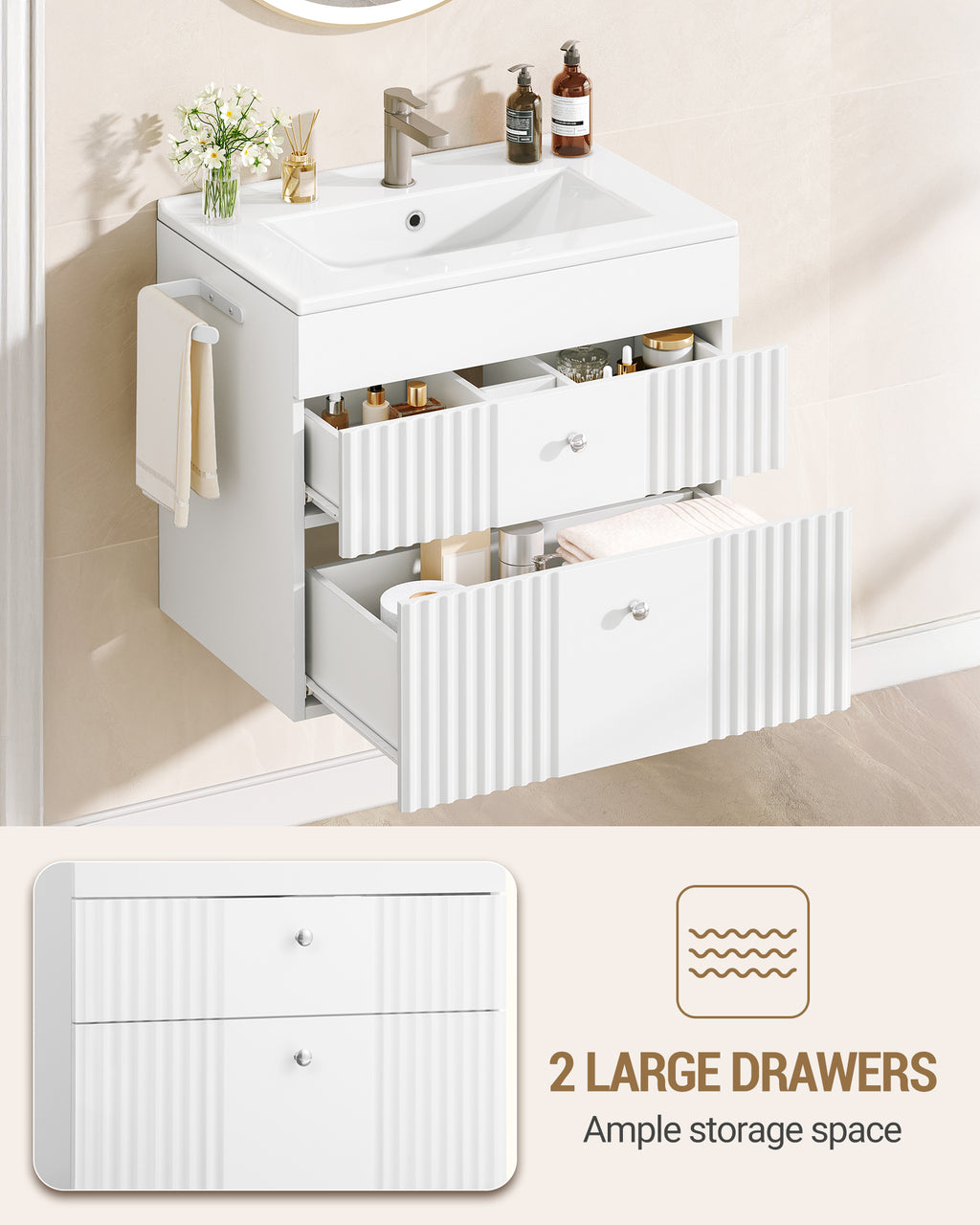 Hzuaneri Bathroom Vanity Unit, Wall-Mounted Sink with Cabinet, Bathroom Cabinet, 2 Drawers, 1 Towel Rail, Large Storage Capacity, 40 x 60 x 50 cm, White，BC64103X
