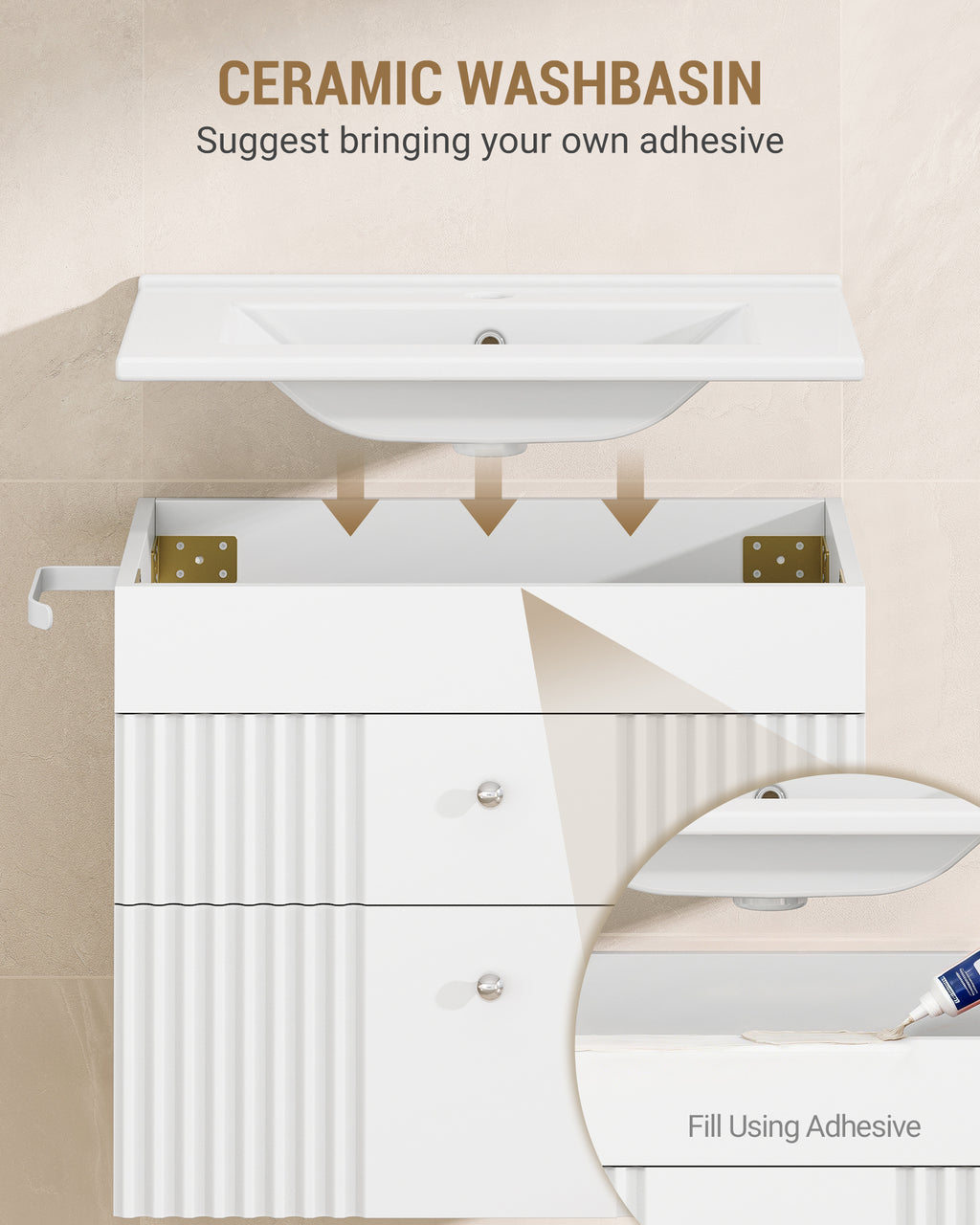 Hzuaneri Bathroom Vanity Unit, Wall-Mounted Sink with Cabinet, Bathroom Cabinet, 2 Drawers, 1 Towel Rail, Large Storage Capacity, 40 x 60 x 50 cm, White，BC64103X