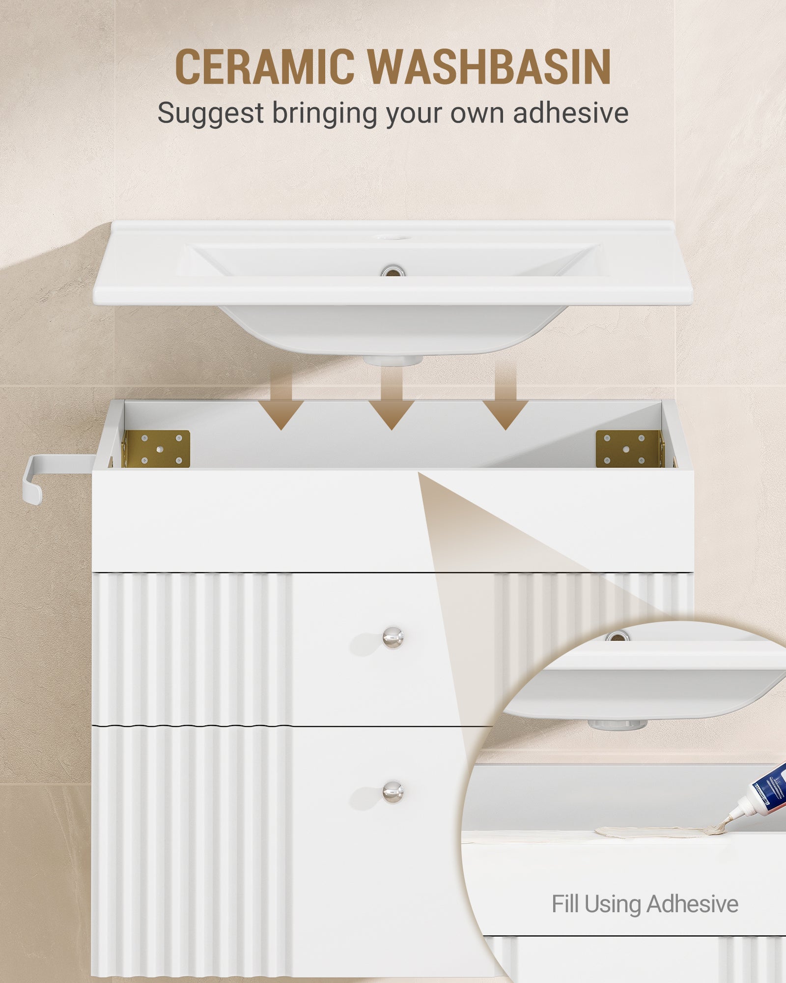 Hzuaneri Bathroom Vanity Unit, Wall-Mounted Sink with Cabinet, Bathroom Cabinet, 2 Drawers, 1 Towel Rail, Large Storage Capacity, 40 x 60 x 50 cm, White，BC64103X