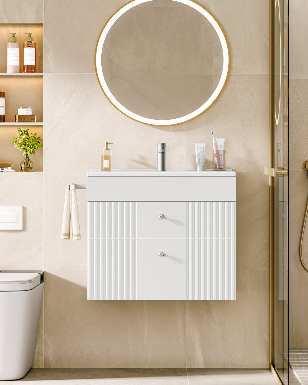 Hzuaneri Bathroom Vanity Unit, Wall-Mounted Sink with Cabinet, Bathroom Cabinet, 2 Drawers, 1 Towel Rail, Large Storage Capacity, 40 x 60 x 50 cm, White，BC64103X