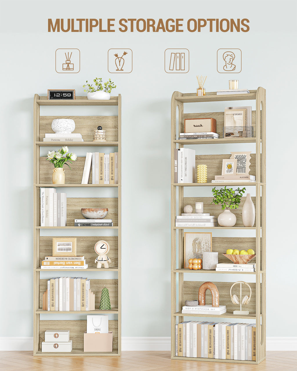Hzuaneri  7-Tier Bookcase, Wooden Bookcase, Wooden Standing Shelf for Bedroom, Living Room and Study, 24 x 60 x 182 cm, Oak Colour BC70016X