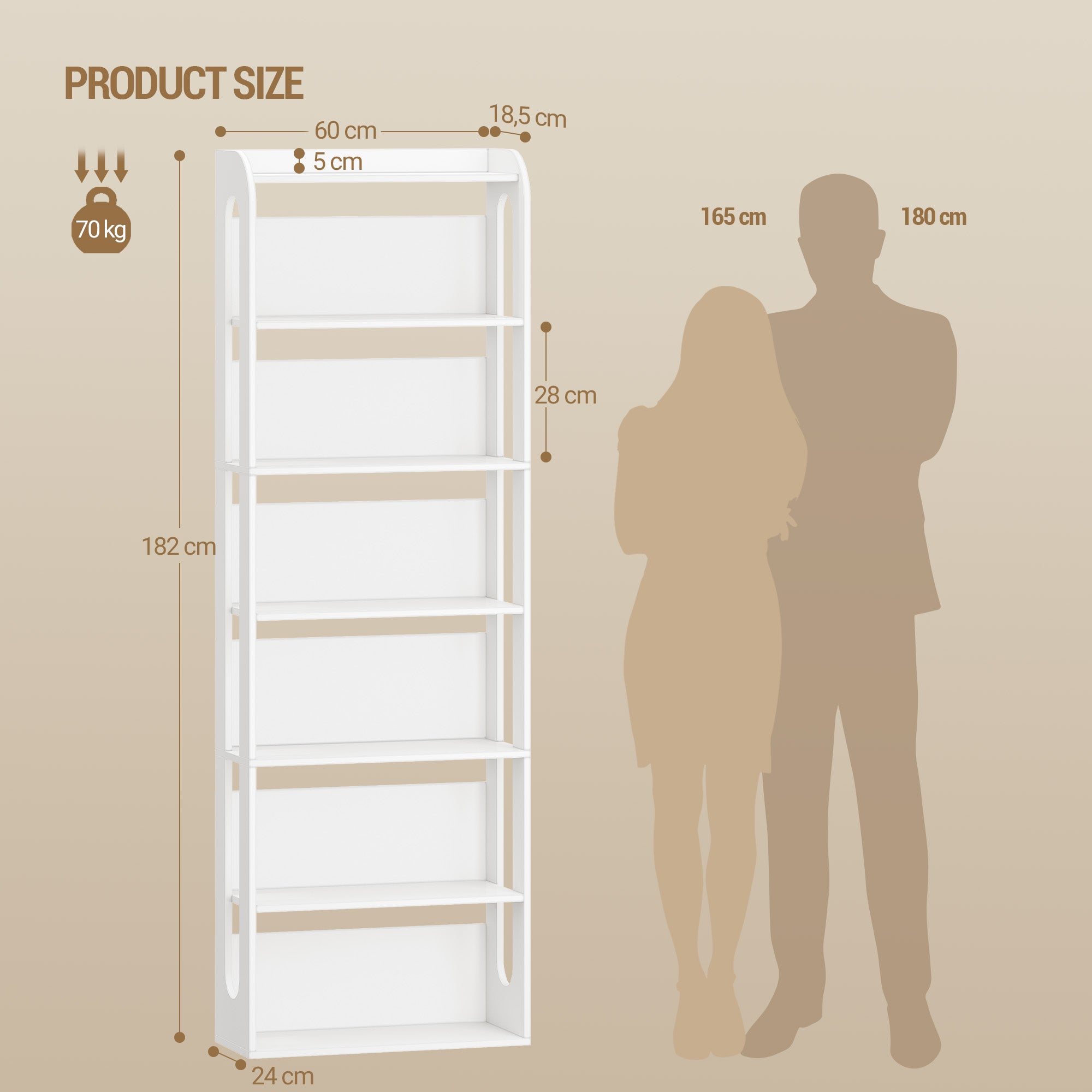 Hzuaneri 7-Tier Wooden Bookshelf, 24x60x182cm Standing Shelf for Bedroom, Living Room & Study, White