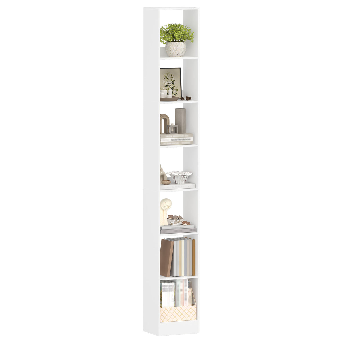 HEXCELEN 7-Tier Cube Bookcase, Modern Open Wooden Shelf for Living Room, Home Office & Bedroom, White