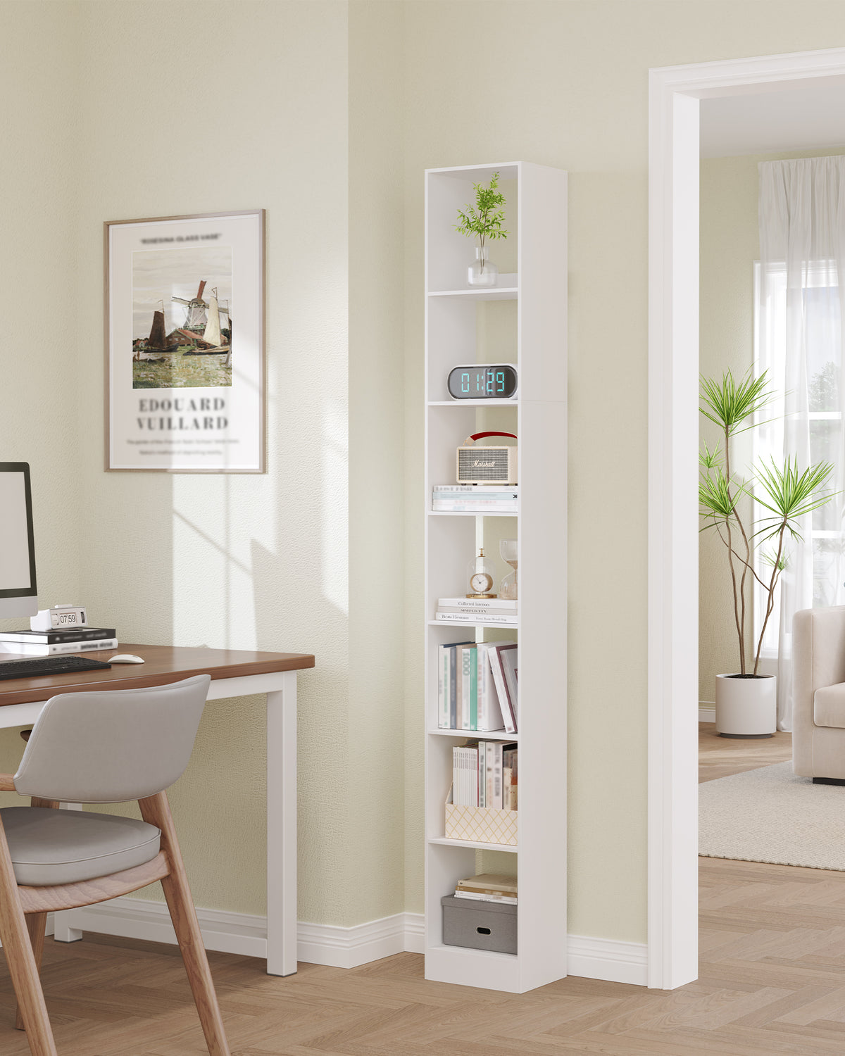 HEXCELEN 7-Tier Cube Bookcase, Modern Open Wooden Shelf for Living Room, Home Office & Bedroom, White