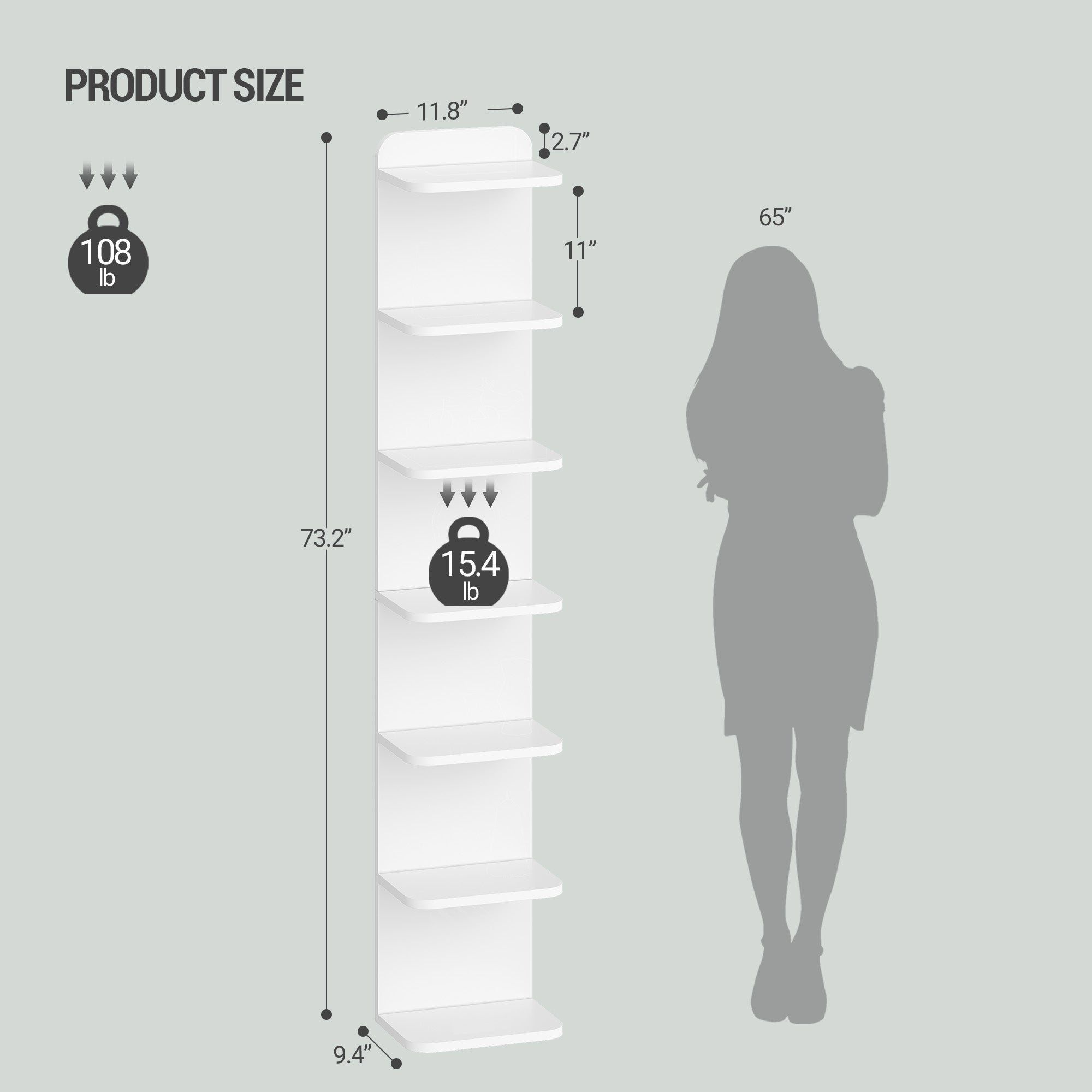 Hzuaneri 7 Tier Bookcase, Floating Bookshelf for Wall Mounted, Tall Narrow Bookcase, Vertical Bookshelf for Living Room, Office, Study, Entryway, White, BC88803X